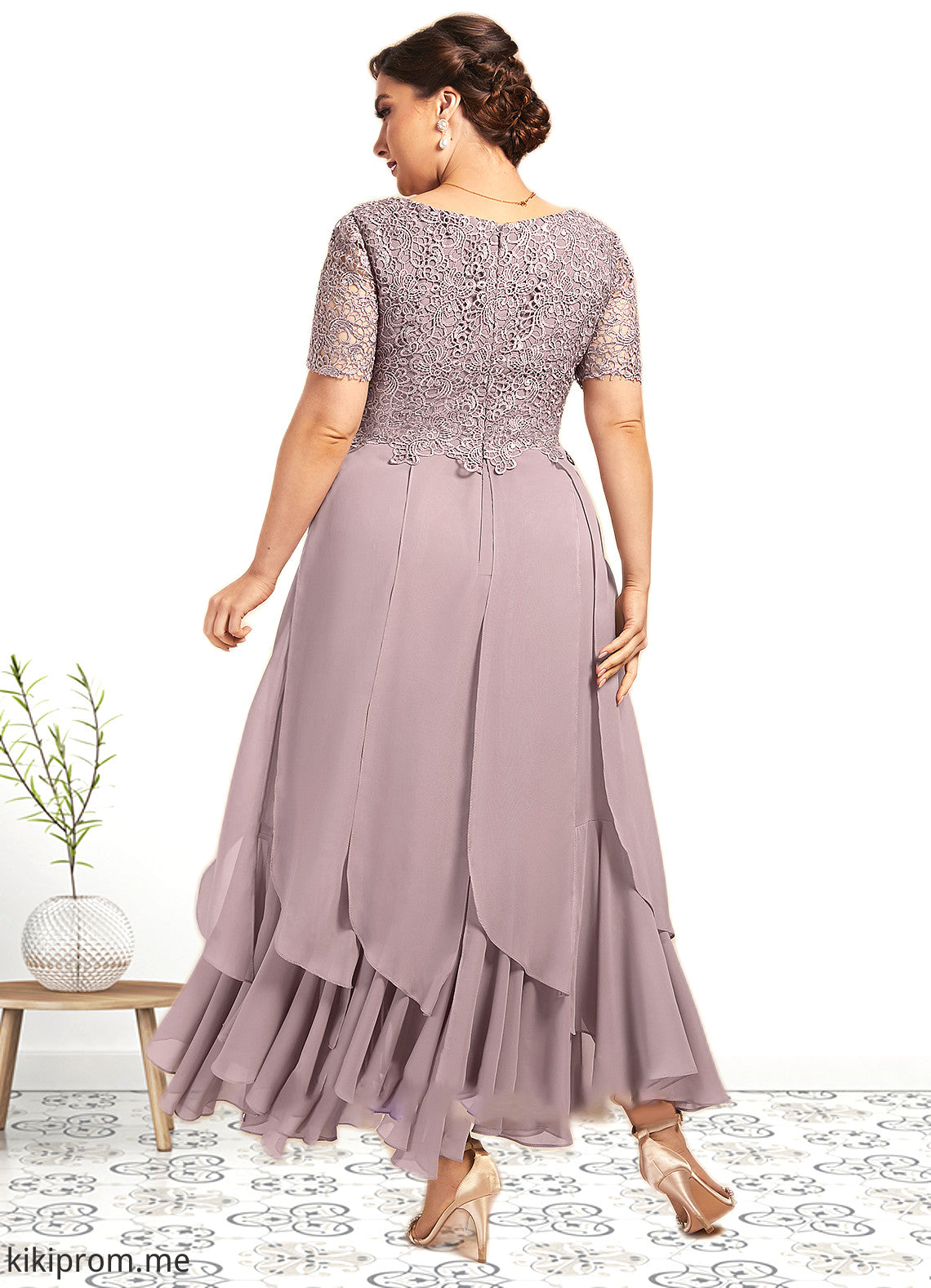 Jazlynn A-Line Scoop Neck Ankle-Length Chiffon Lace Mother of the Bride Dress With Cascading Ruffles STF126P0014555