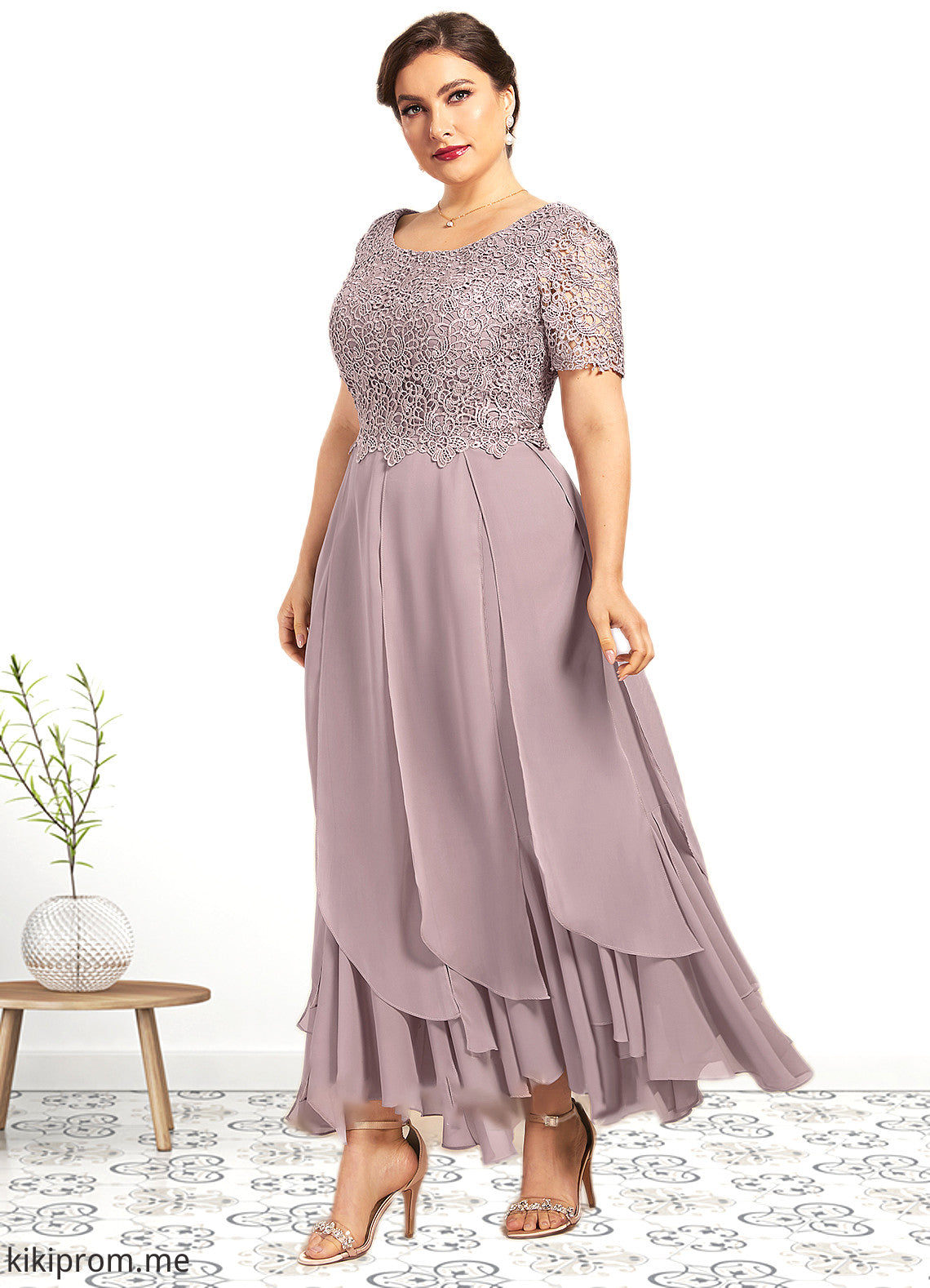 Jazlynn A-Line Scoop Neck Ankle-Length Chiffon Lace Mother of the Bride Dress With Cascading Ruffles STF126P0014555