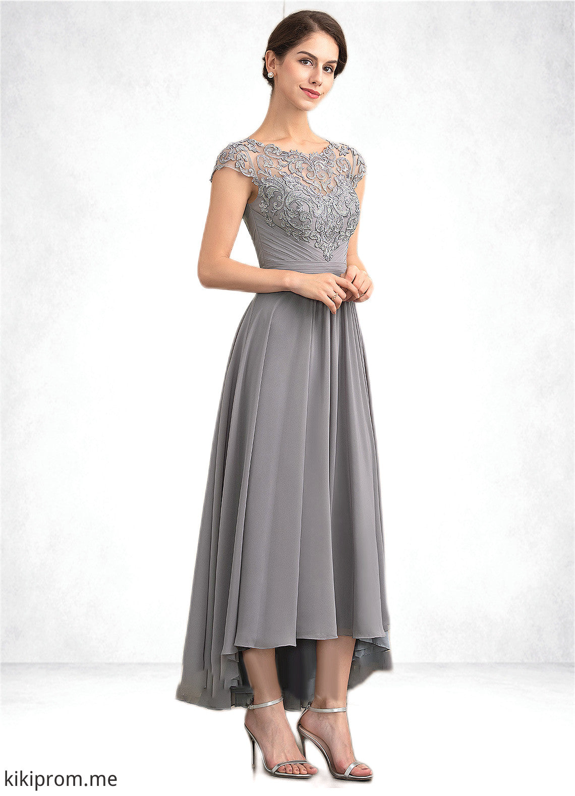 Autumn A-Line Scoop Neck Asymmetrical Chiffon Lace Mother of the Bride Dress STF126P0014556