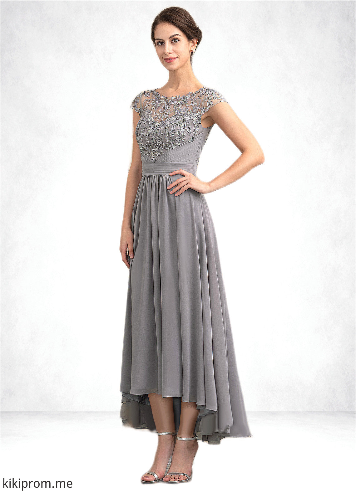 Autumn A-Line Scoop Neck Asymmetrical Chiffon Lace Mother of the Bride Dress STF126P0014556