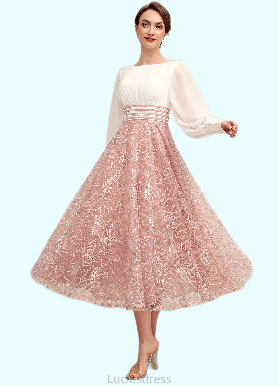 Leia A-Line Scoop Neck Tea-Length Chiffon Lace Mother of the Bride Dress With Beading HF126P0014557