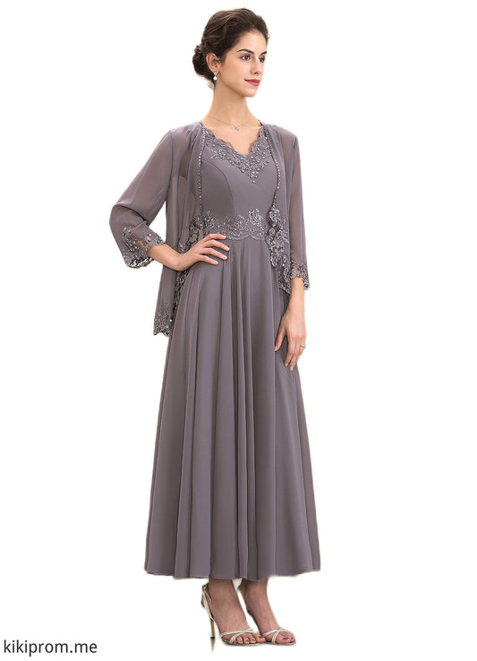 Kenzie A-line V-Neck Ankle-Length Chiffon Mother of the Bride Dress With Beading Appliques Lace Sequins STF126P0014558