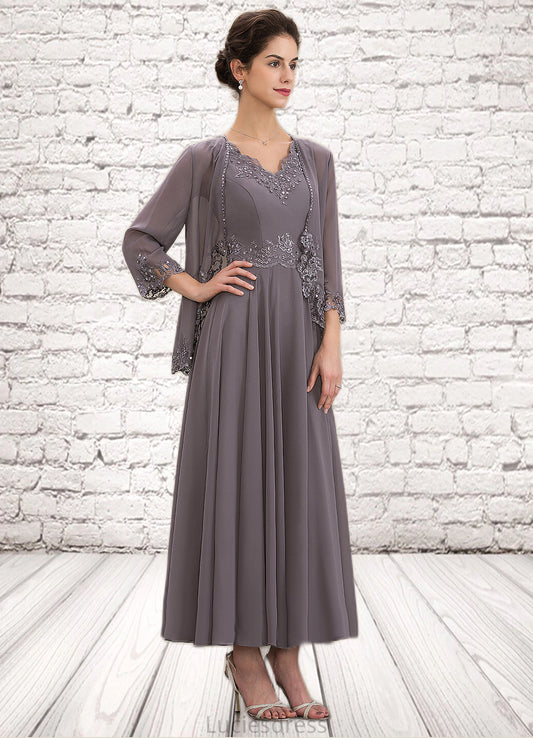 Ina A-line V-Neck Ankle-Length Chiffon Mother of the Bride Dress With Beading Appliques Lace Sequins HF126P0014558