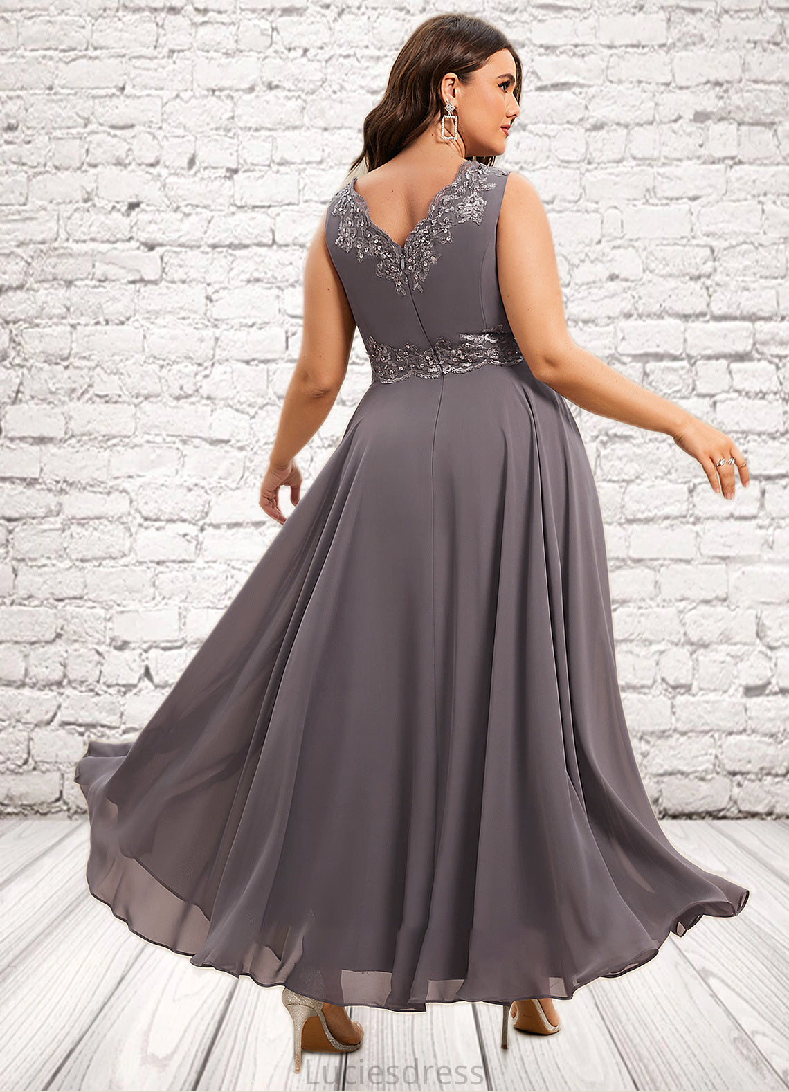 Ina A-line V-Neck Ankle-Length Chiffon Mother of the Bride Dress With Beading Appliques Lace Sequins HF126P0014558