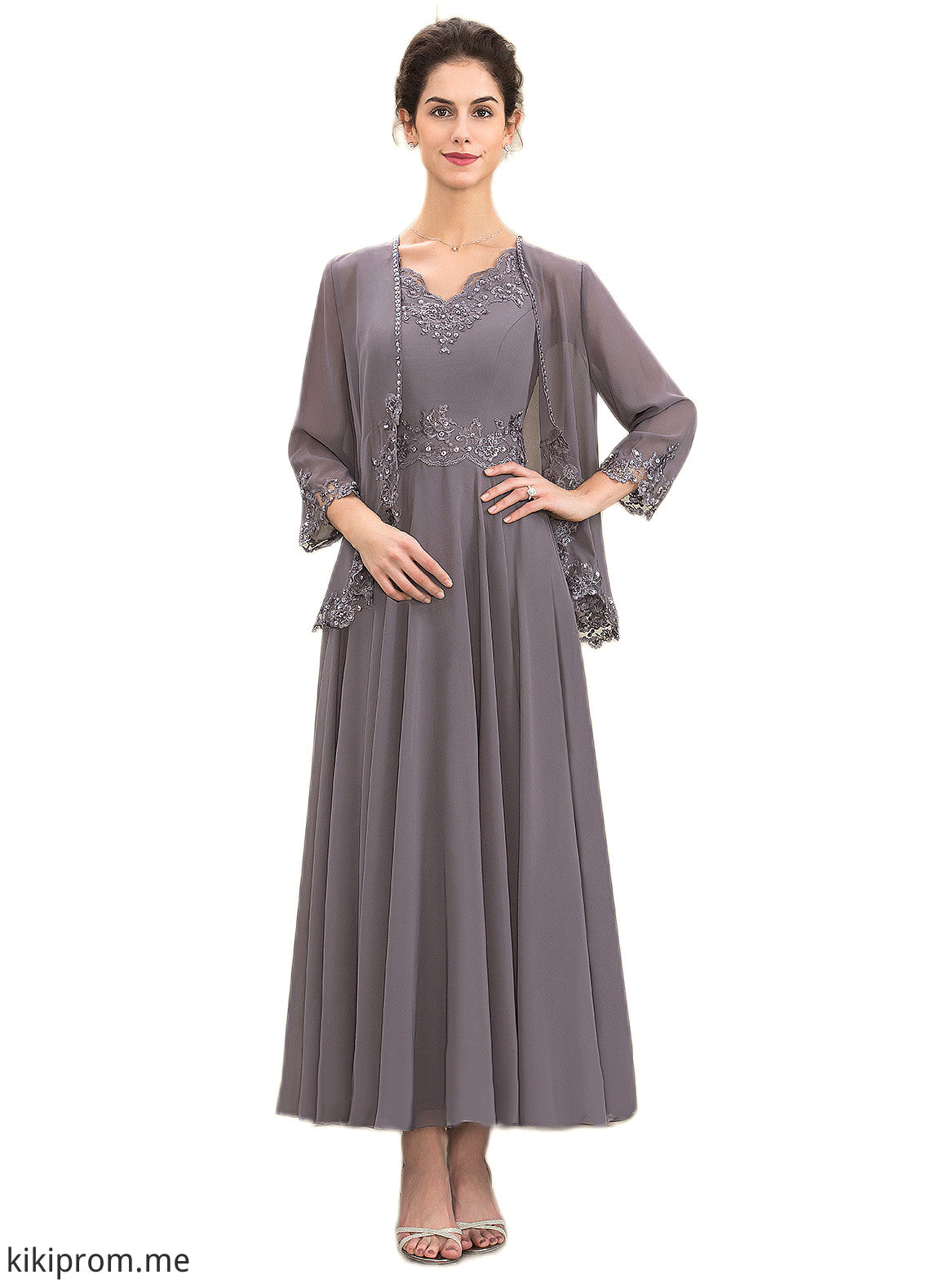 Kenzie A-line V-Neck Ankle-Length Chiffon Mother of the Bride Dress With Beading Appliques Lace Sequins STF126P0014558