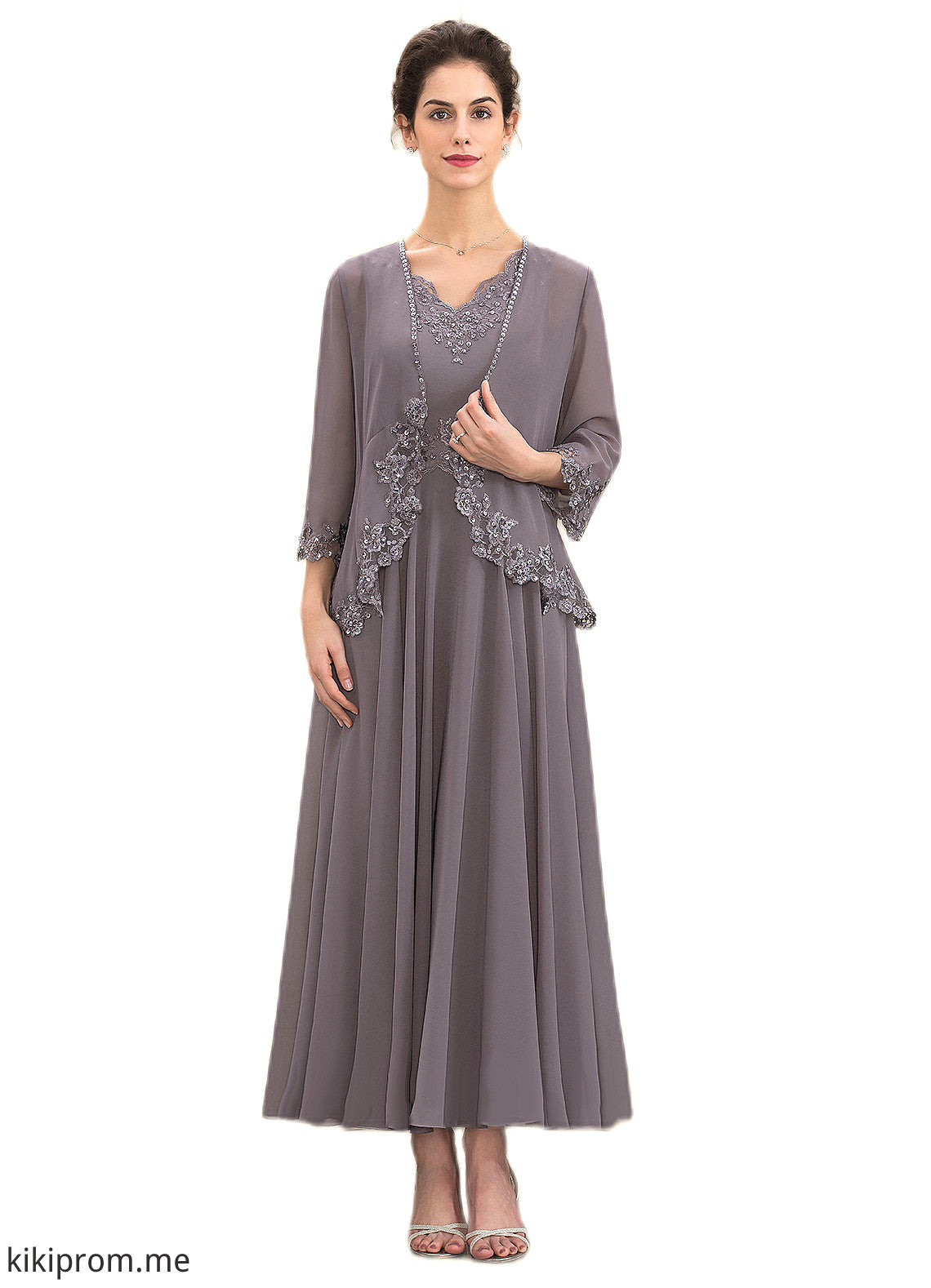 Kenzie A-line V-Neck Ankle-Length Chiffon Mother of the Bride Dress With Beading Appliques Lace Sequins STF126P0014558