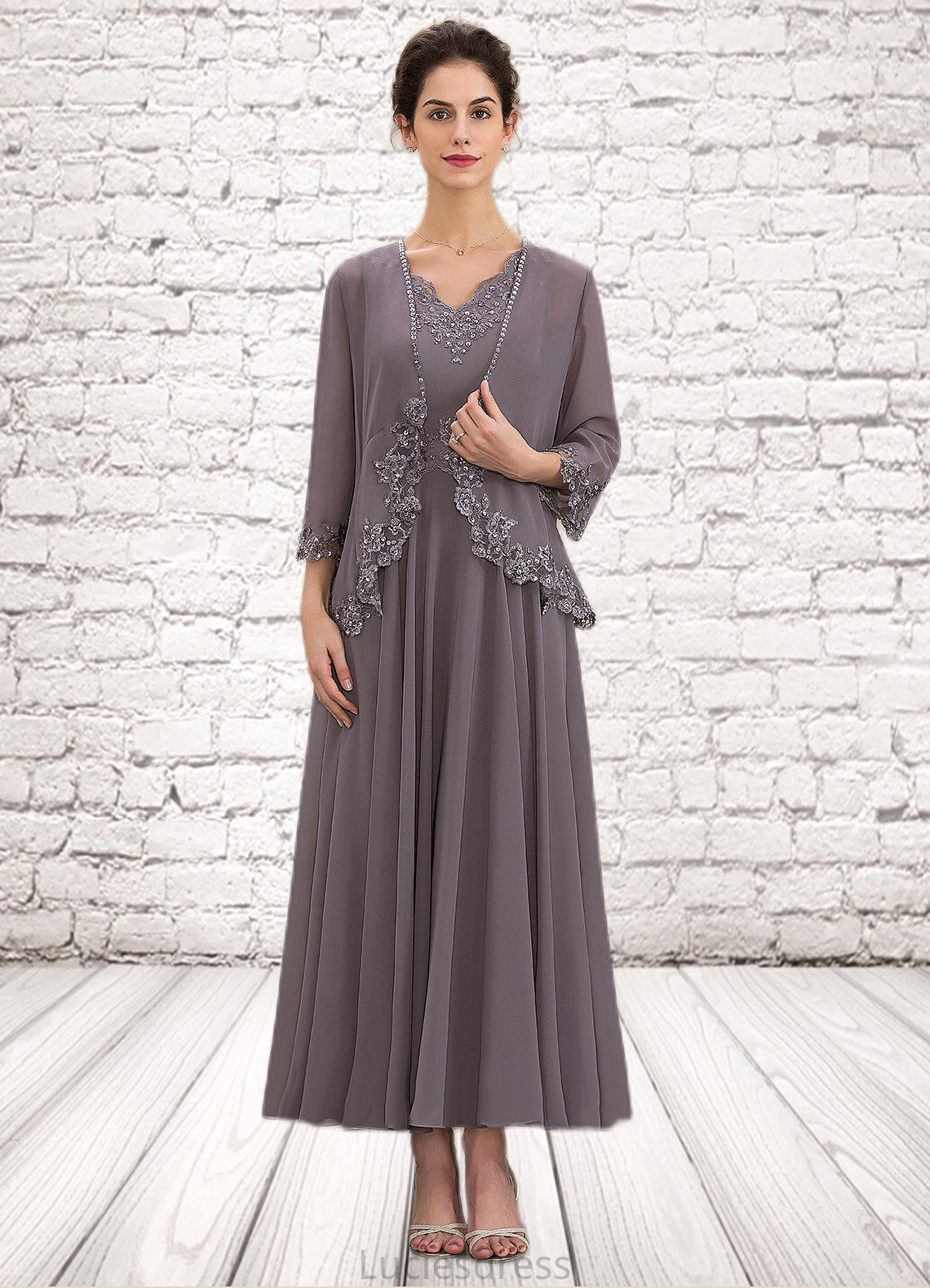 Ina A-line V-Neck Ankle-Length Chiffon Mother of the Bride Dress With Beading Appliques Lace Sequins HF126P0014558