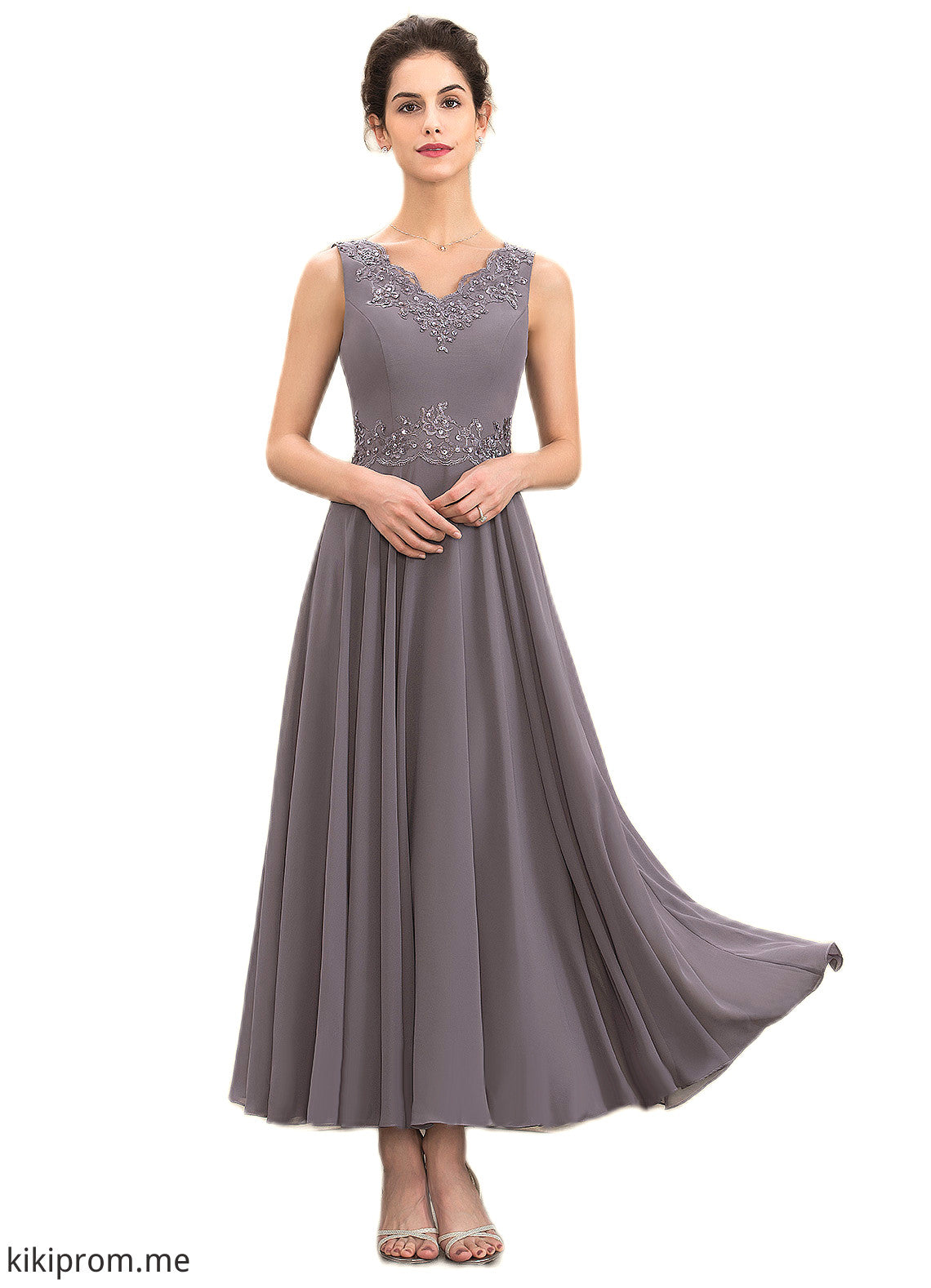 Kenzie A-line V-Neck Ankle-Length Chiffon Mother of the Bride Dress With Beading Appliques Lace Sequins STF126P0014558