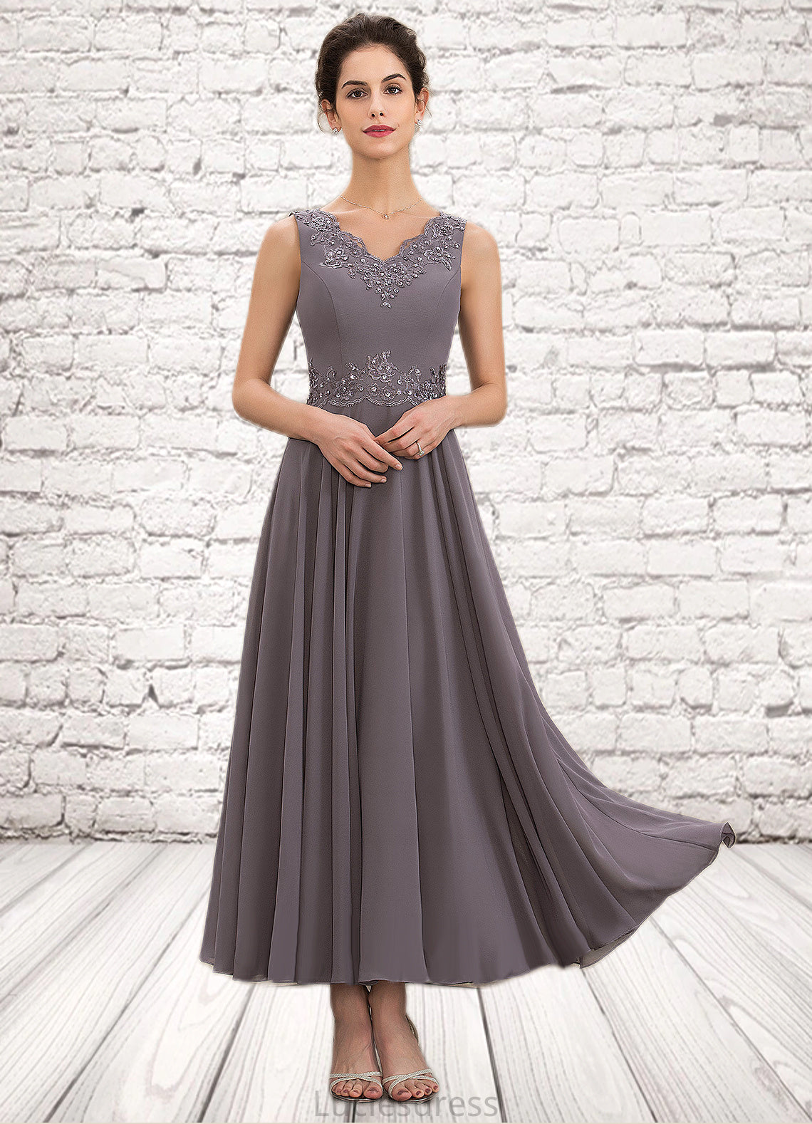 Ina A-line V-Neck Ankle-Length Chiffon Mother of the Bride Dress With Beading Appliques Lace Sequins HF126P0014558