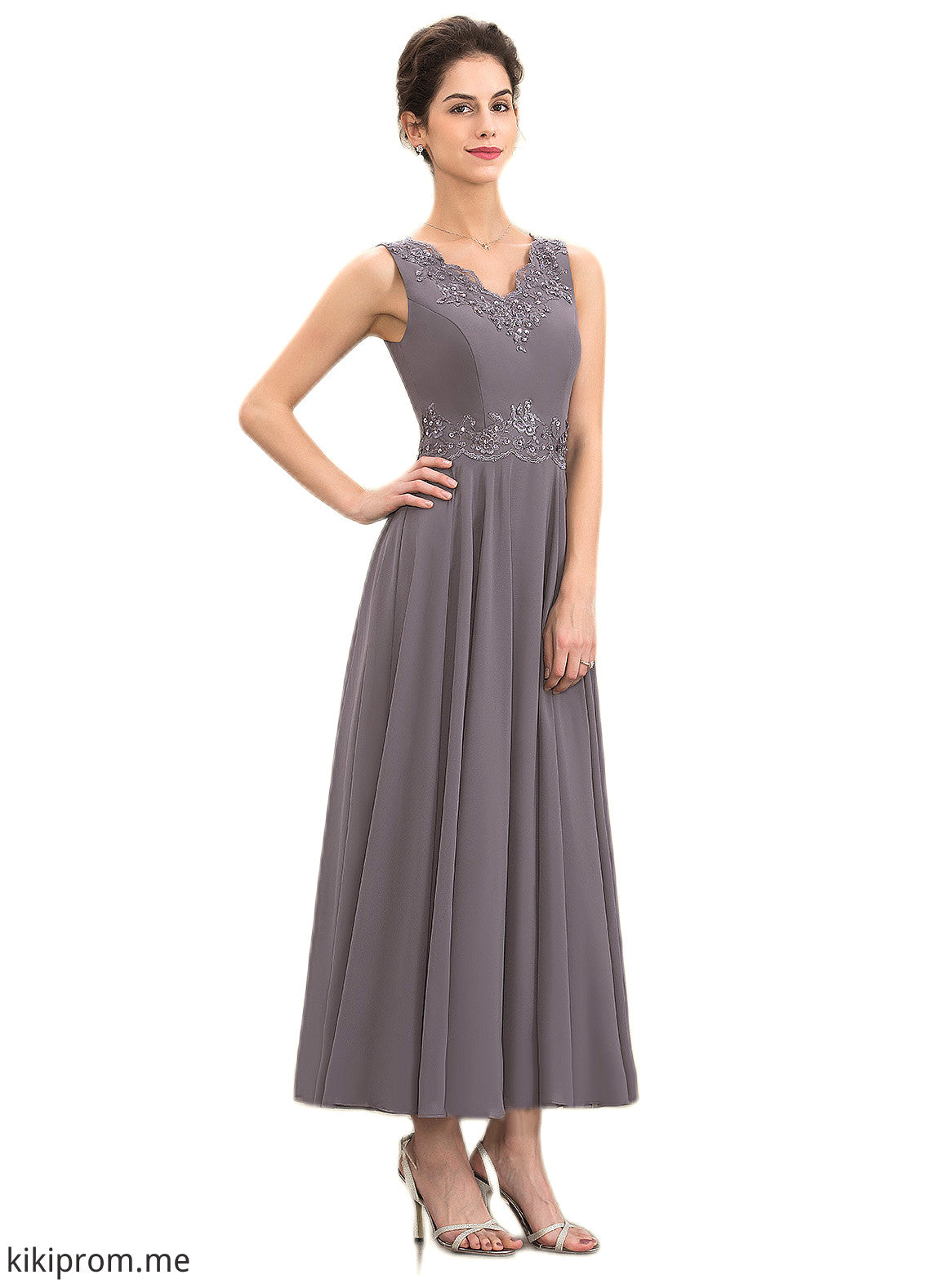 Kenzie A-line V-Neck Ankle-Length Chiffon Mother of the Bride Dress With Beading Appliques Lace Sequins STF126P0014558