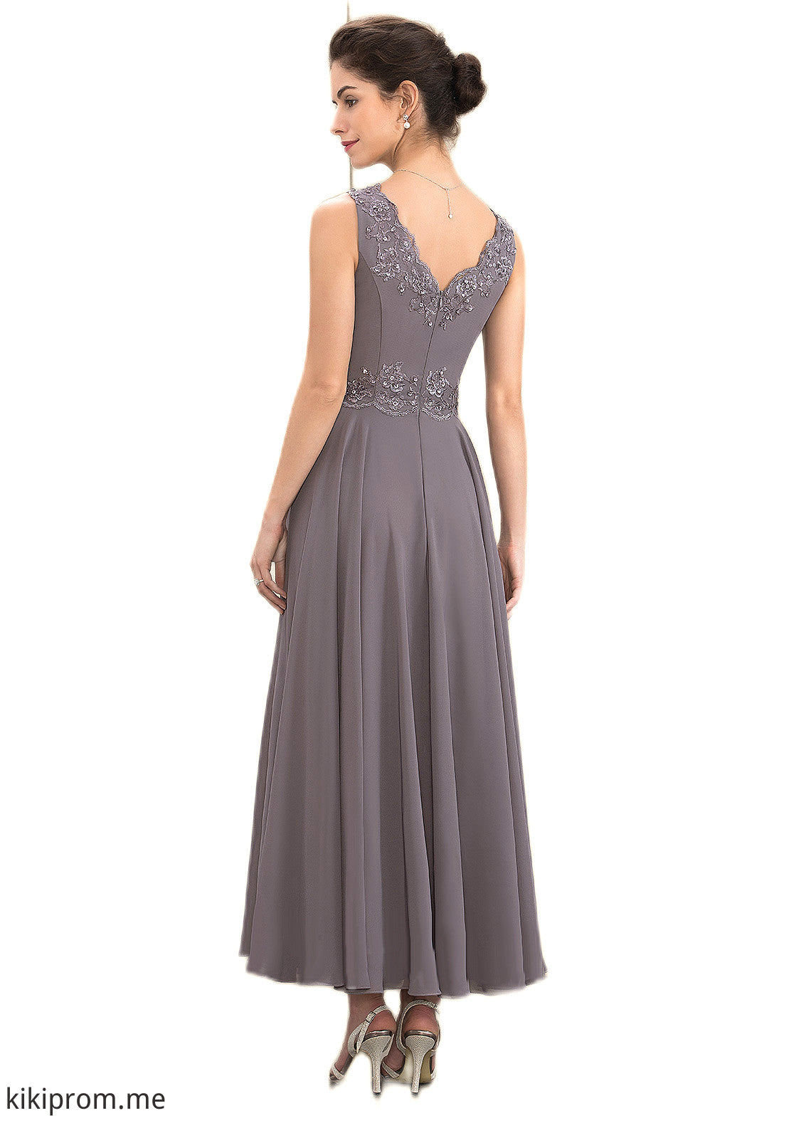 Kenzie A-line V-Neck Ankle-Length Chiffon Mother of the Bride Dress With Beading Appliques Lace Sequins STF126P0014558