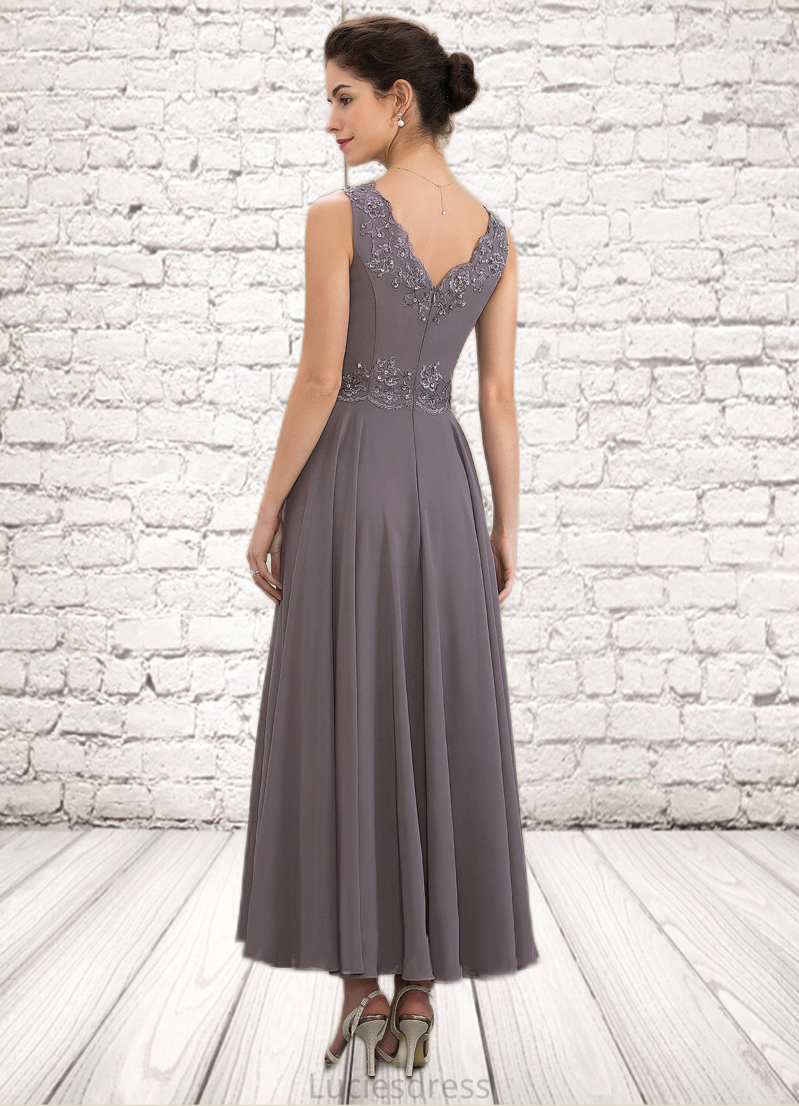 Ina A-line V-Neck Ankle-Length Chiffon Mother of the Bride Dress With Beading Appliques Lace Sequins HF126P0014558