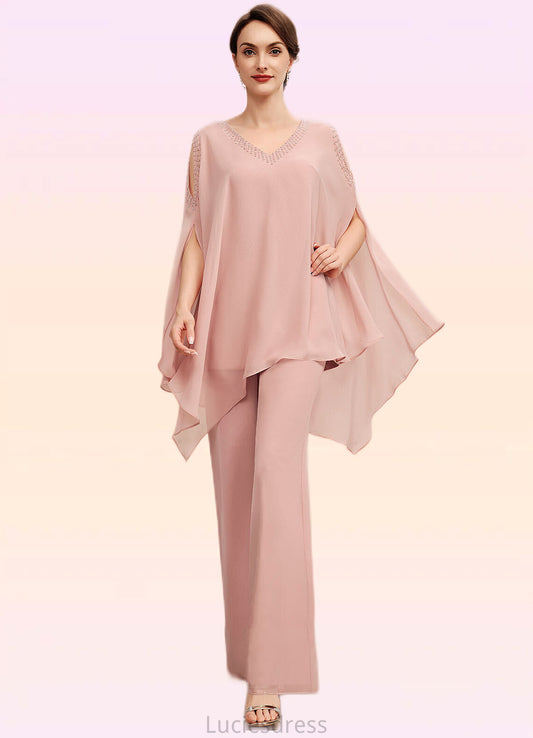 Taliyah Jumpsuit/Pantsuit V-neck Floor-Length Chiffon Mother of the Bride Dress With Beading HF126P0014560