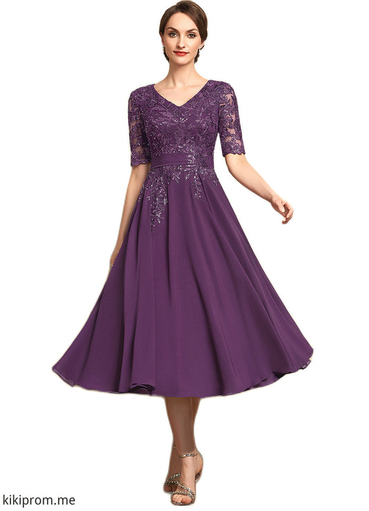 Rosalyn A-line V-Neck Tea-Length Chiffon Lace Mother of the Bride Dress With Sequins STF126P0014561