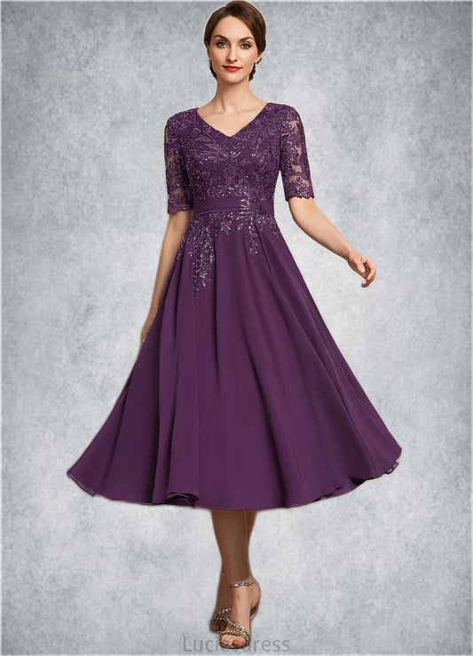 Julia A-line V-Neck Tea-Length Chiffon Lace Mother of the Bride Dress With Sequins HF126P0014561