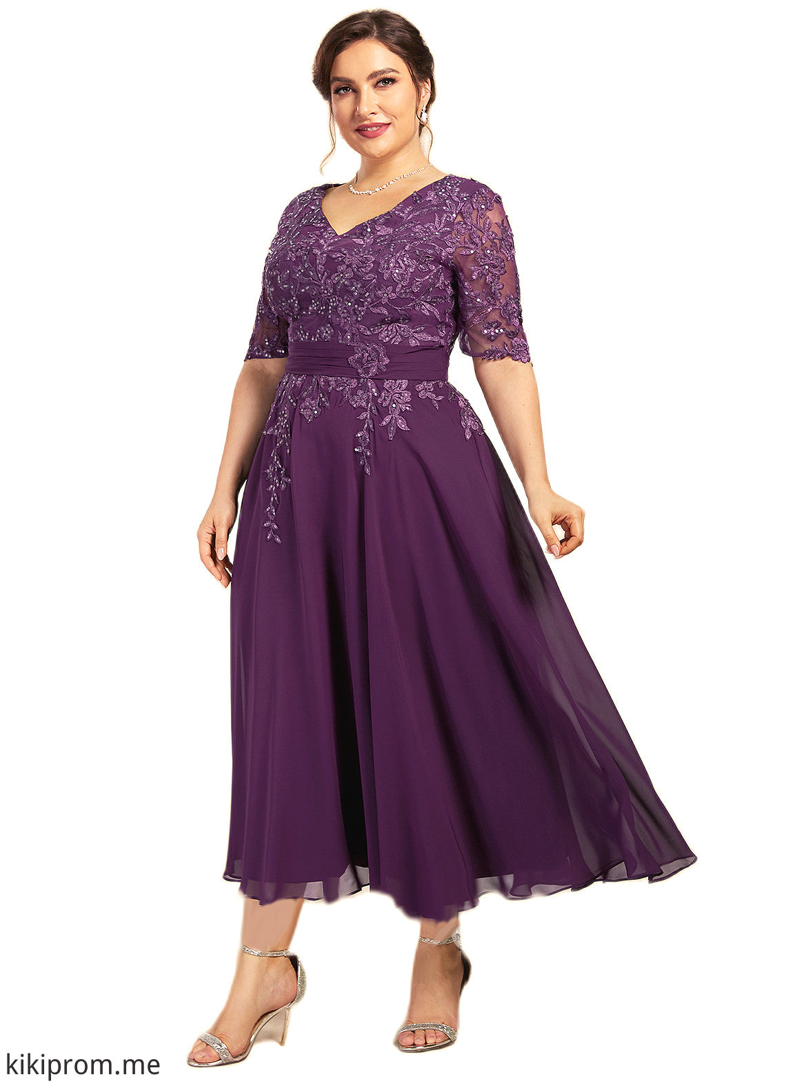 Rosalyn A-line V-Neck Tea-Length Chiffon Lace Mother of the Bride Dress With Sequins STF126P0014561