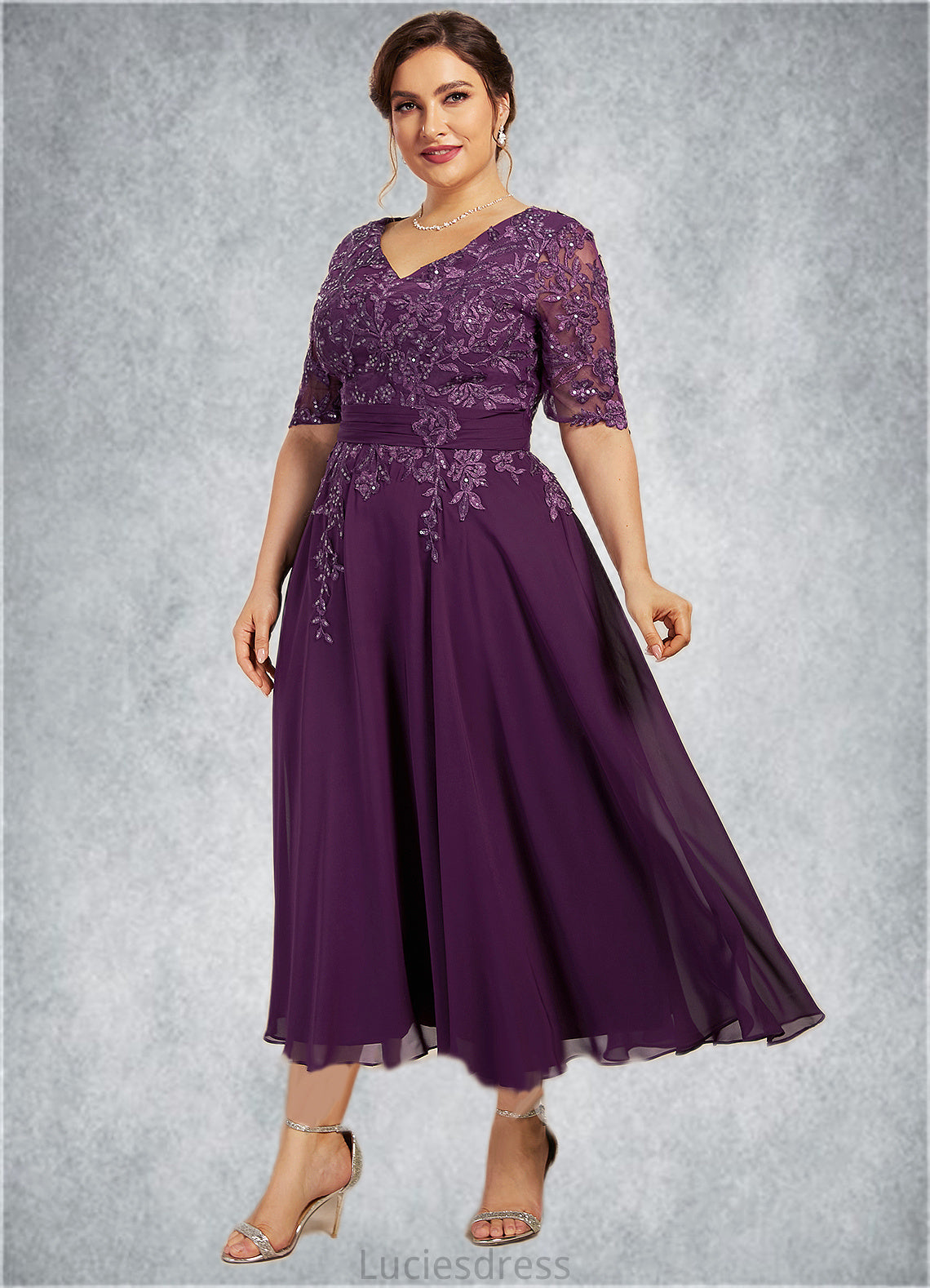 Julia A-line V-Neck Tea-Length Chiffon Lace Mother of the Bride Dress With Sequins HF126P0014561