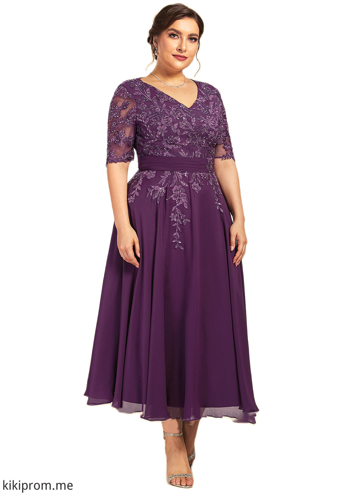 Rosalyn A-line V-Neck Tea-Length Chiffon Lace Mother of the Bride Dress With Sequins STF126P0014561