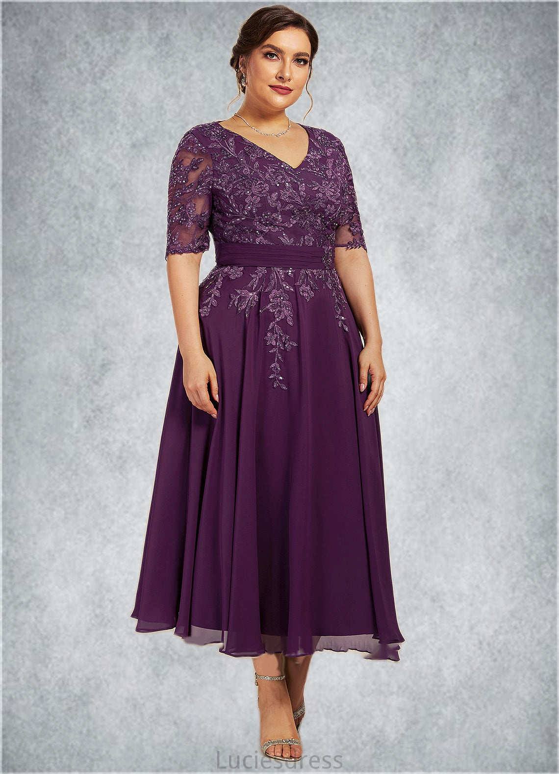 Julia A-line V-Neck Tea-Length Chiffon Lace Mother of the Bride Dress With Sequins HF126P0014561