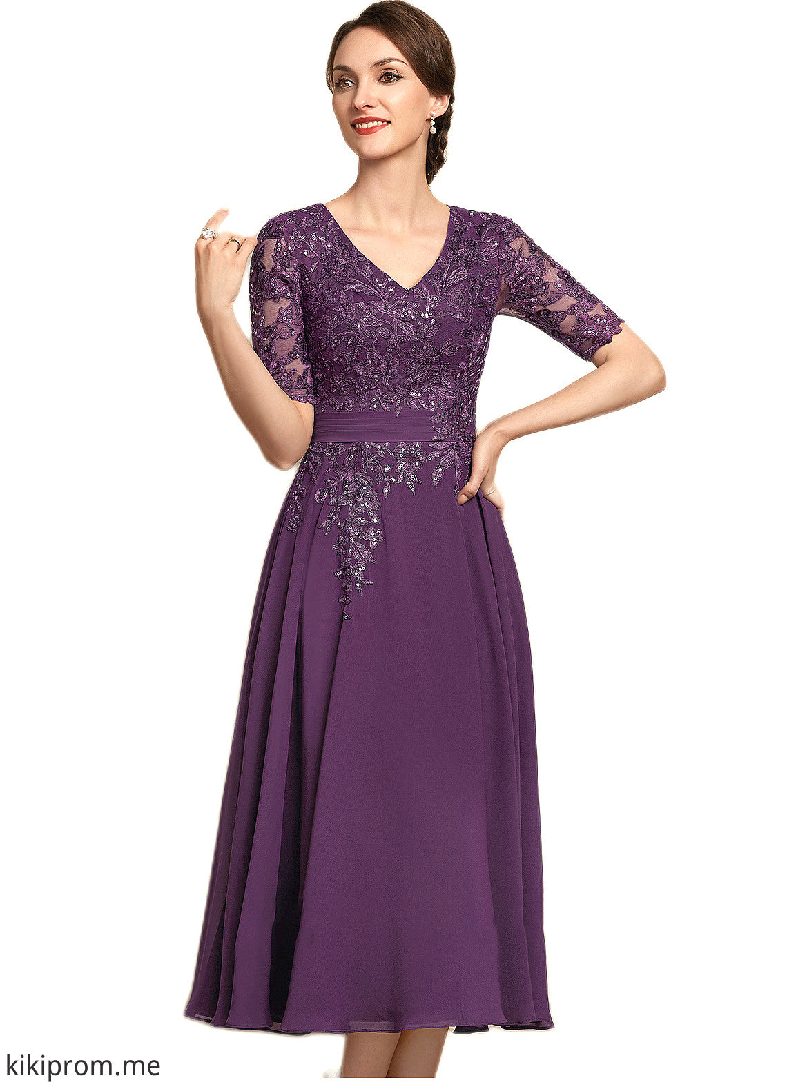 Rosalyn A-line V-Neck Tea-Length Chiffon Lace Mother of the Bride Dress With Sequins STF126P0014561