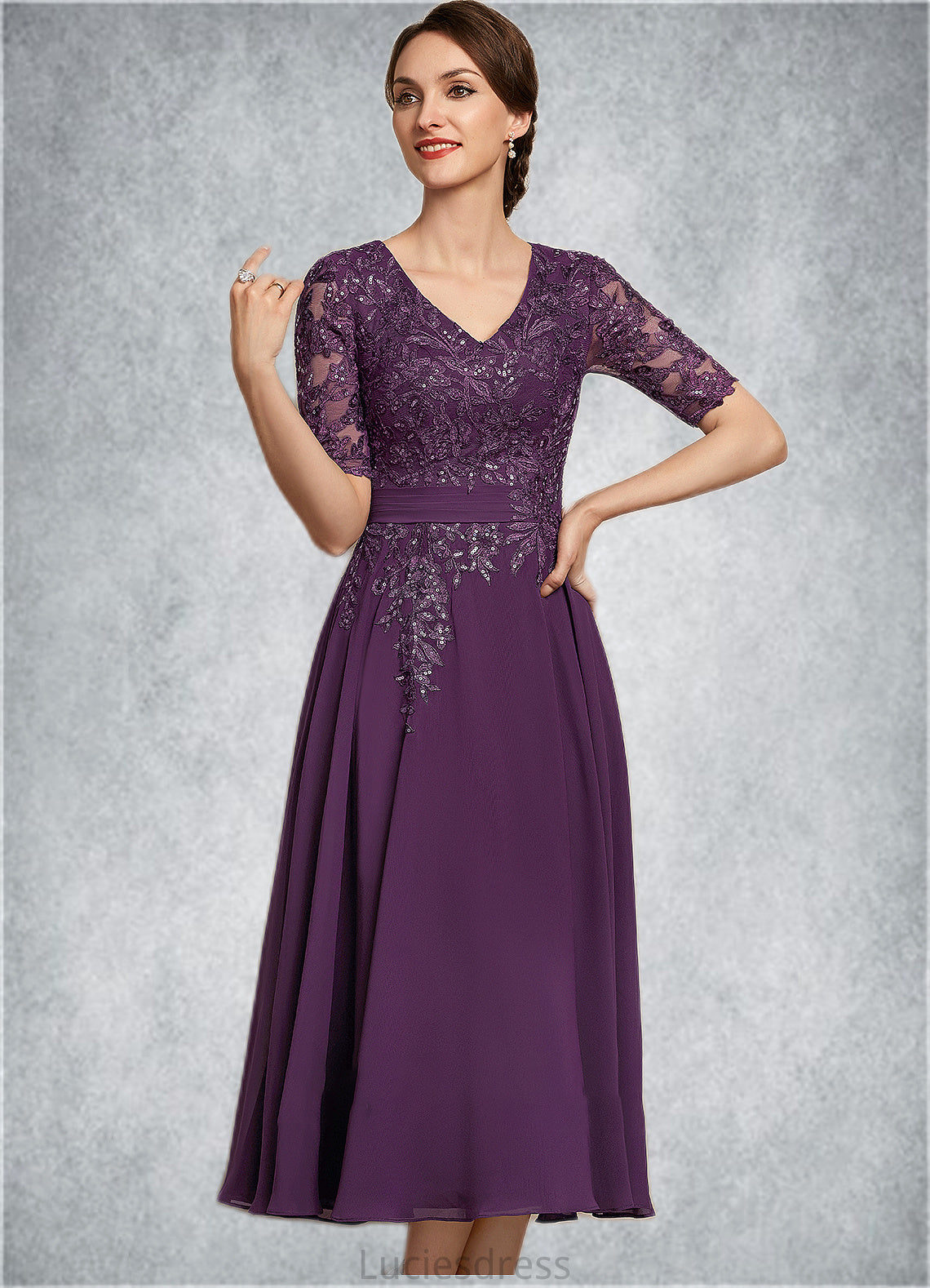 Julia A-line V-Neck Tea-Length Chiffon Lace Mother of the Bride Dress With Sequins HF126P0014561