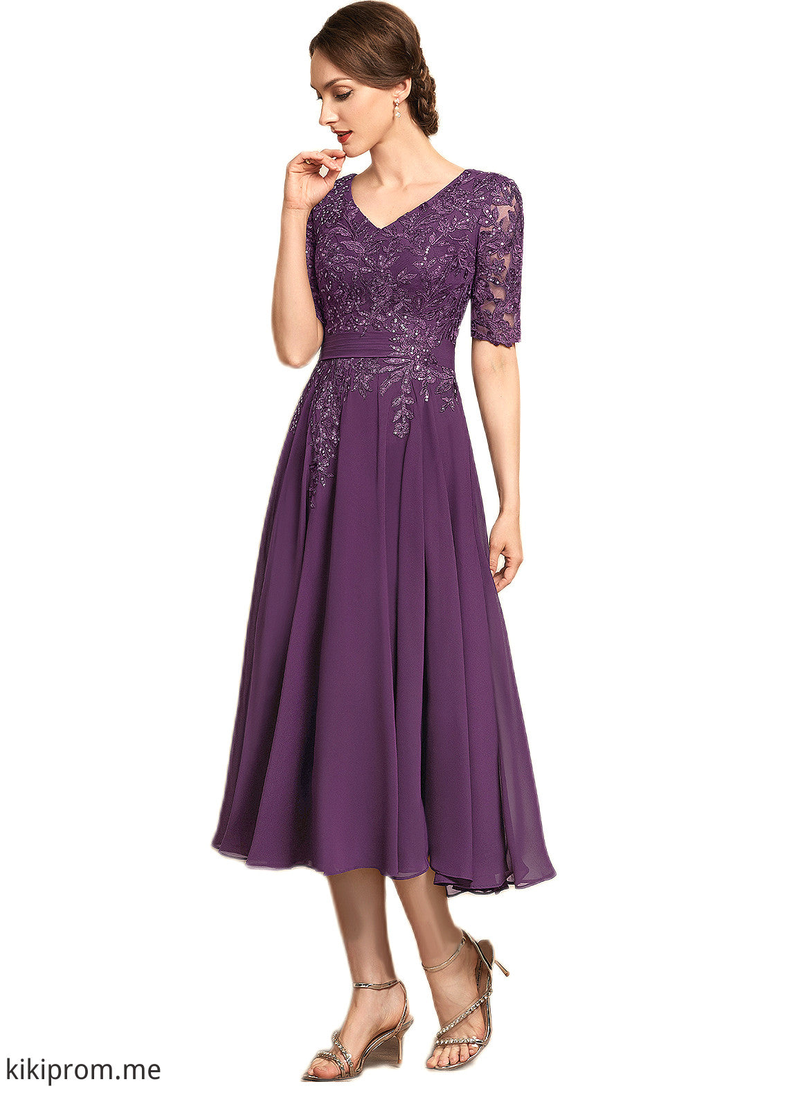 Rosalyn A-line V-Neck Tea-Length Chiffon Lace Mother of the Bride Dress With Sequins STF126P0014561