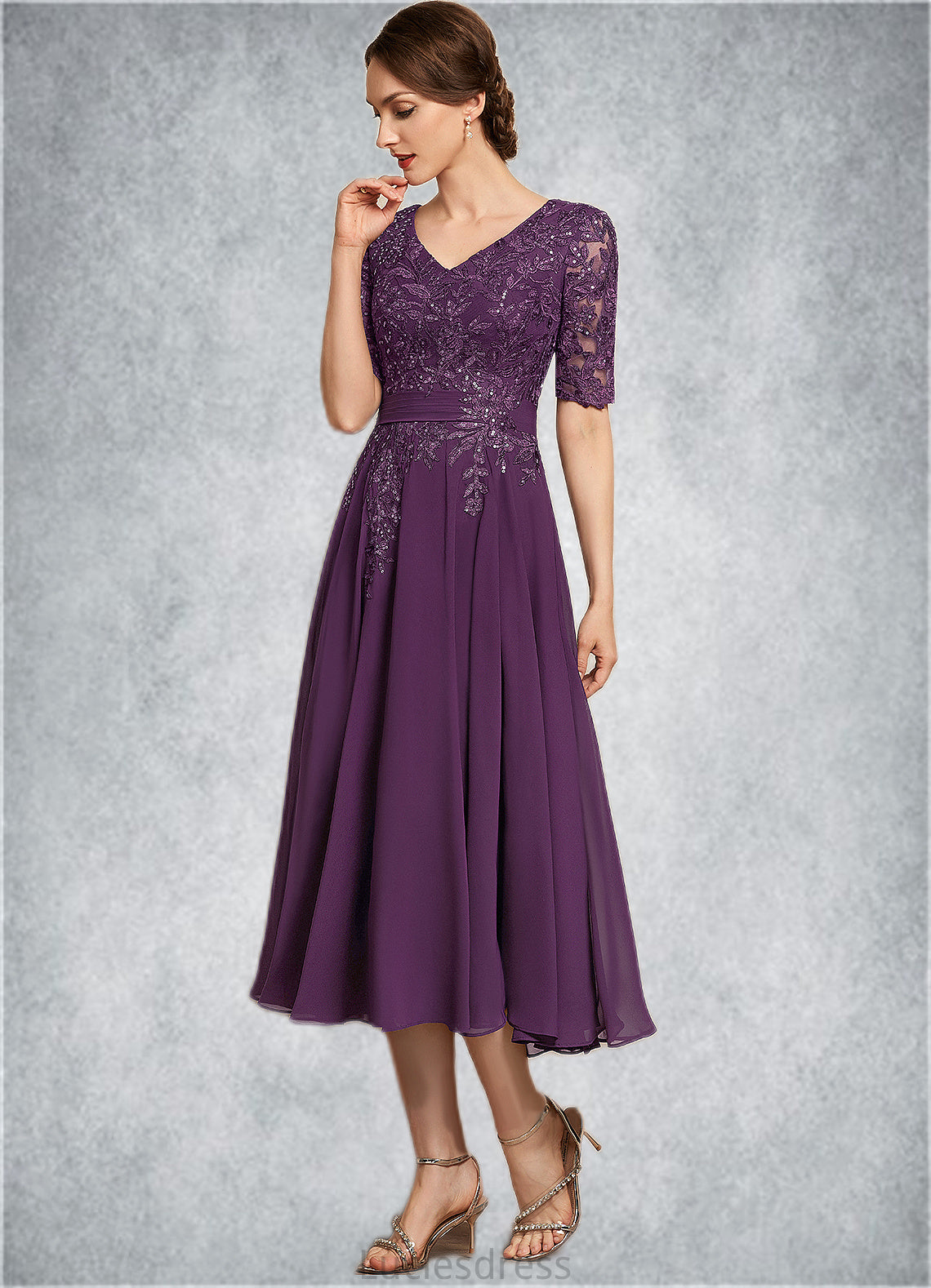 Julia A-line V-Neck Tea-Length Chiffon Lace Mother of the Bride Dress With Sequins HF126P0014561