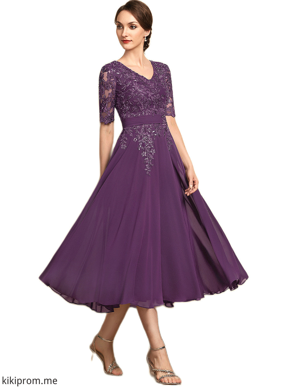 Rosalyn A-line V-Neck Tea-Length Chiffon Lace Mother of the Bride Dress With Sequins STF126P0014561