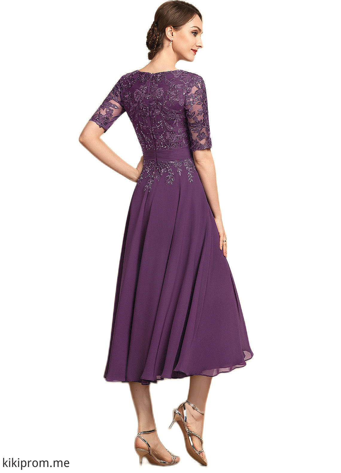 Rosalyn A-line V-Neck Tea-Length Chiffon Lace Mother of the Bride Dress With Sequins STF126P0014561