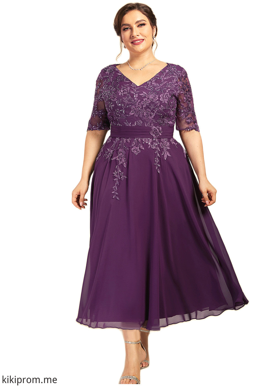 Rosalyn A-line V-Neck Tea-Length Chiffon Lace Mother of the Bride Dress With Sequins STF126P0014561