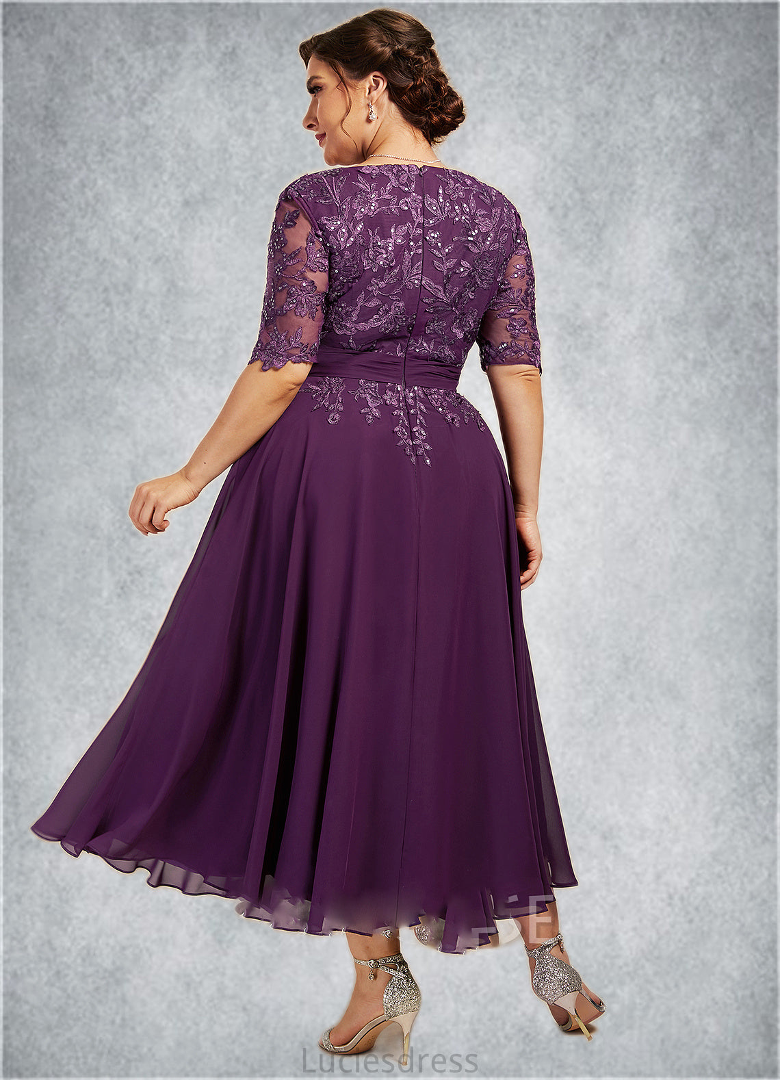 Julia A-line V-Neck Tea-Length Chiffon Lace Mother of the Bride Dress With Sequins HF126P0014561