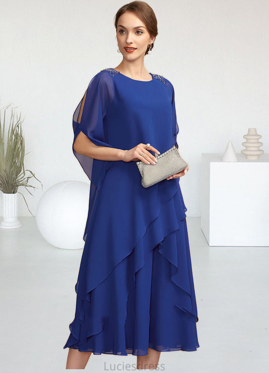 Autumn A-Line Scoop Neck Tea-Length Chiffon Mother of the Bride Dress With Beading Sequins Cascading Ruffles HF126P0014562