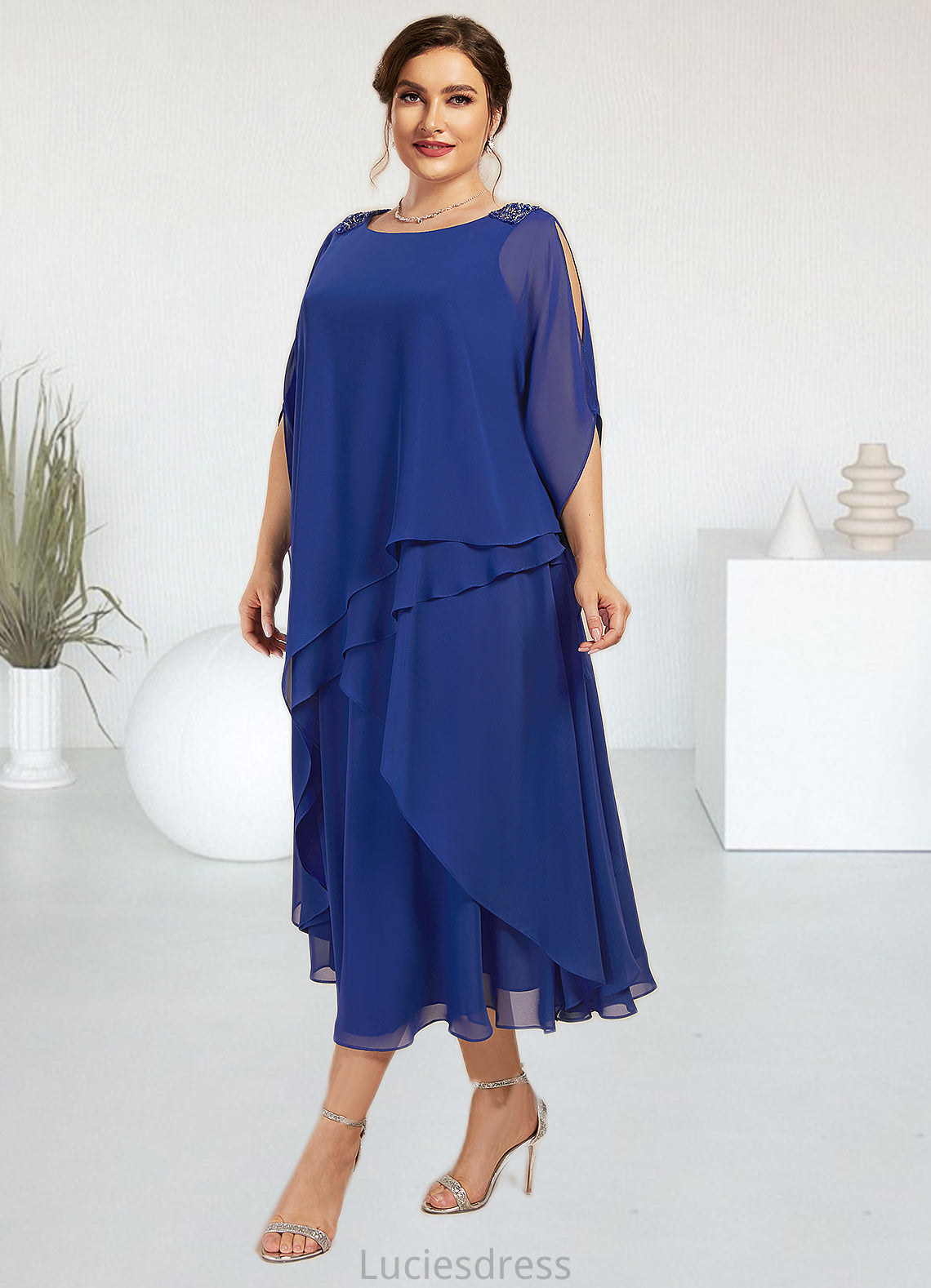 Autumn A-Line Scoop Neck Tea-Length Chiffon Mother of the Bride Dress With Beading Sequins Cascading Ruffles HF126P0014562