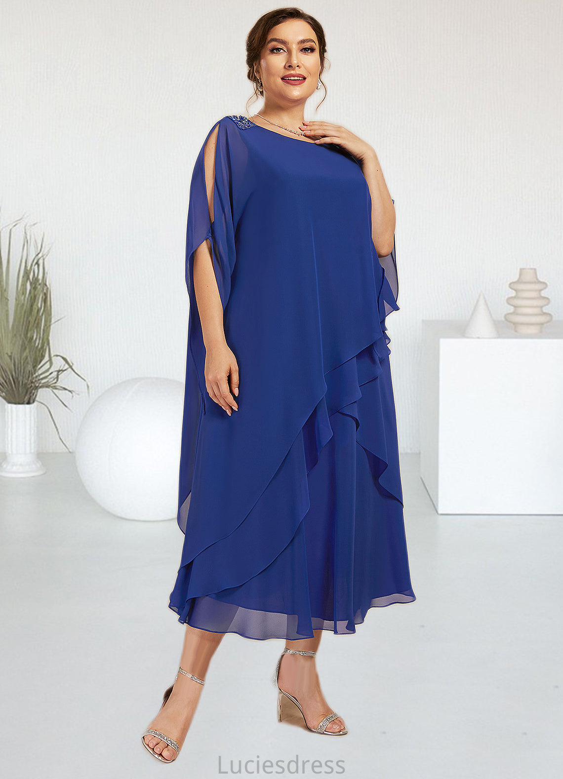 Autumn A-Line Scoop Neck Tea-Length Chiffon Mother of the Bride Dress With Beading Sequins Cascading Ruffles HF126P0014562