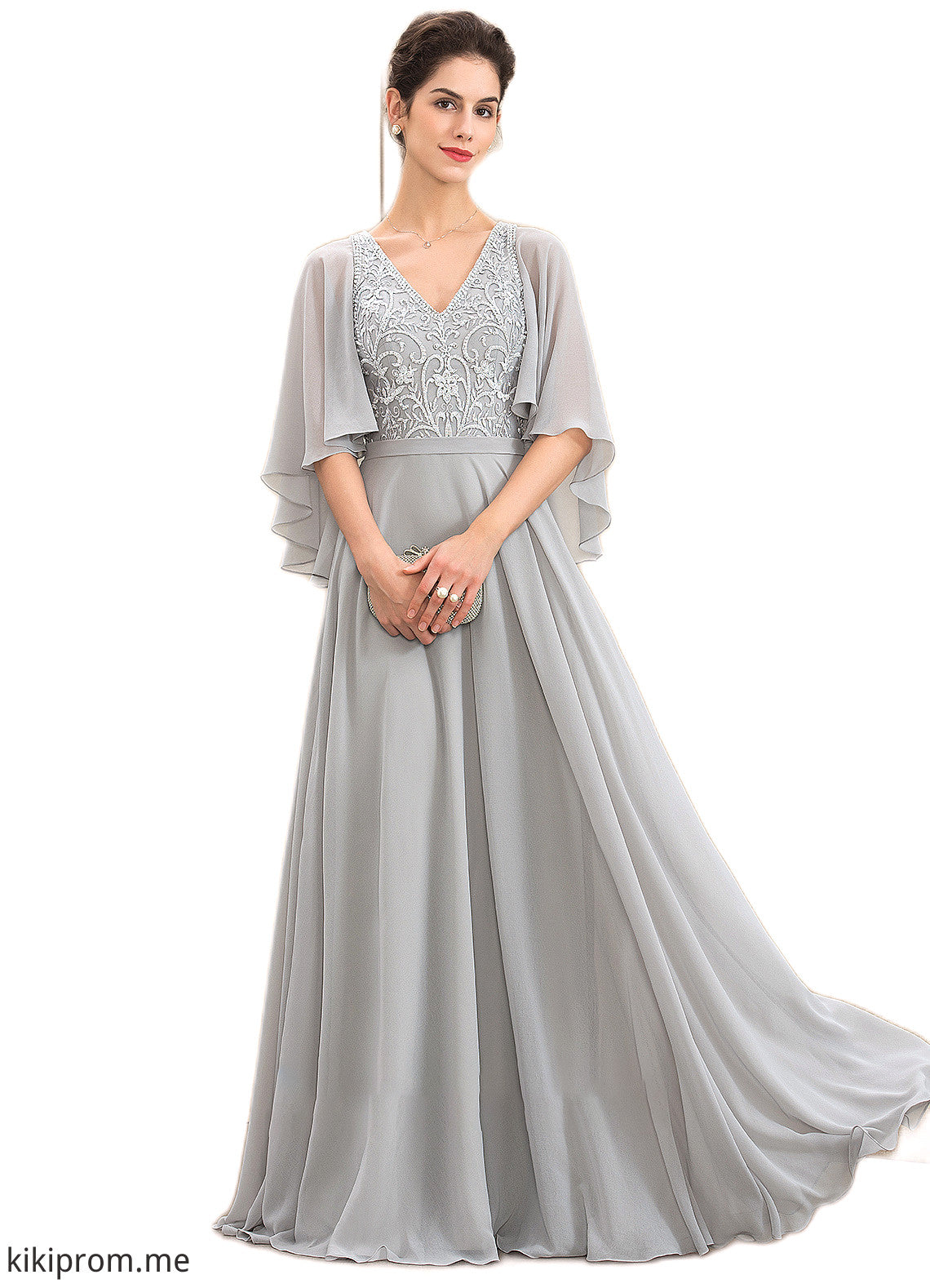 Raina A-line V-Neck Floor-Length Chiffon Lace Mother of the Bride Dress With Beading Sequins STF126P0014563