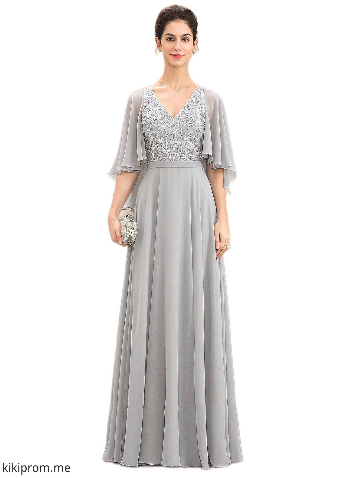 Raina A-line V-Neck Floor-Length Chiffon Lace Mother of the Bride Dress With Beading Sequins STF126P0014563