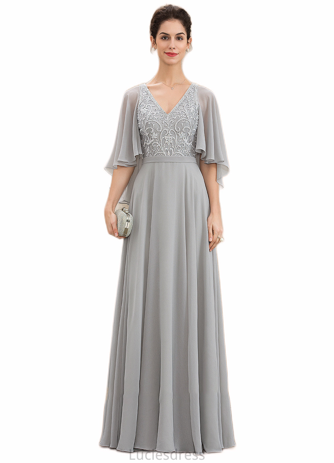 Patience A-line V-Neck Floor-Length Chiffon Lace Mother of the Bride Dress With Beading Sequins HF126P0014563