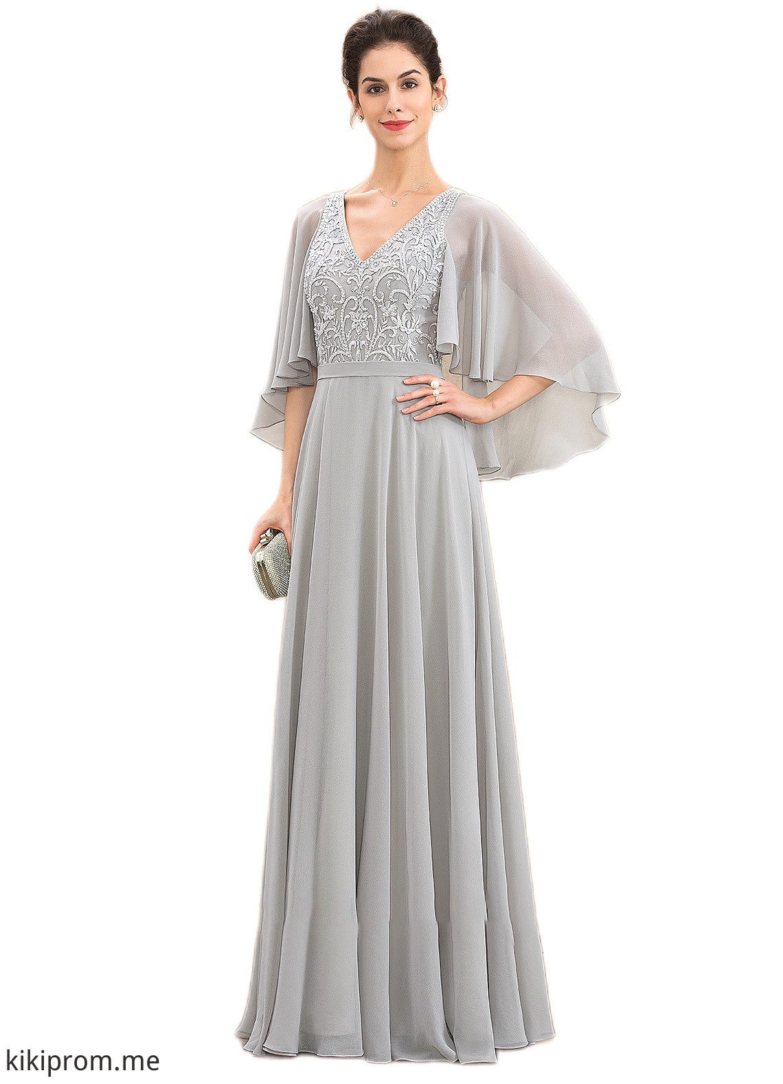 Raina A-line V-Neck Floor-Length Chiffon Lace Mother of the Bride Dress With Beading Sequins STF126P0014563