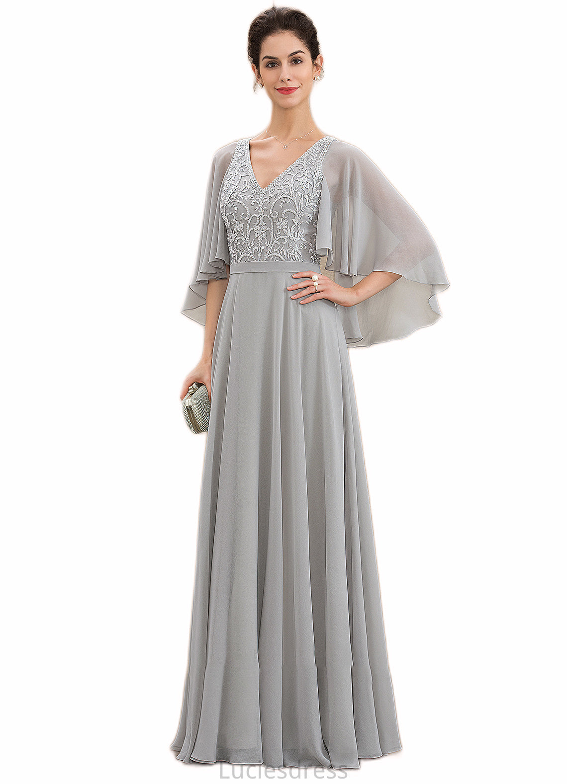 Patience A-line V-Neck Floor-Length Chiffon Lace Mother of the Bride Dress With Beading Sequins HF126P0014563