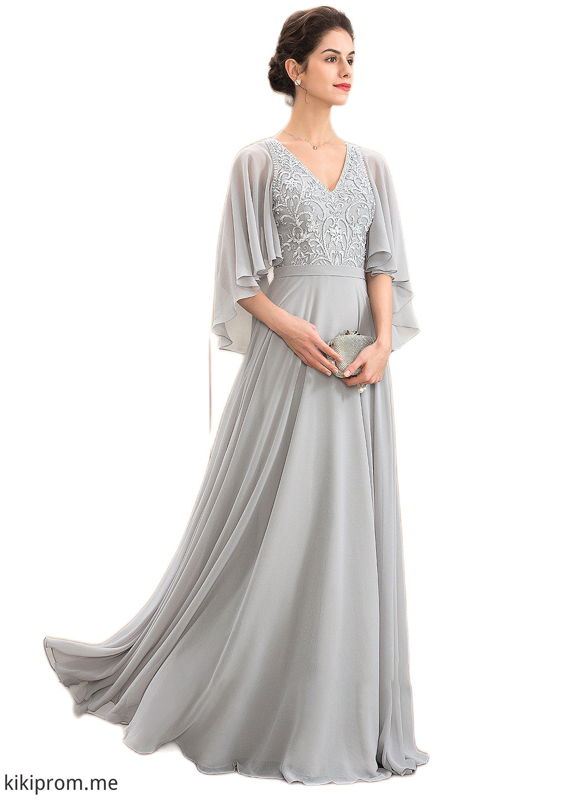 Raina A-line V-Neck Floor-Length Chiffon Lace Mother of the Bride Dress With Beading Sequins STF126P0014563