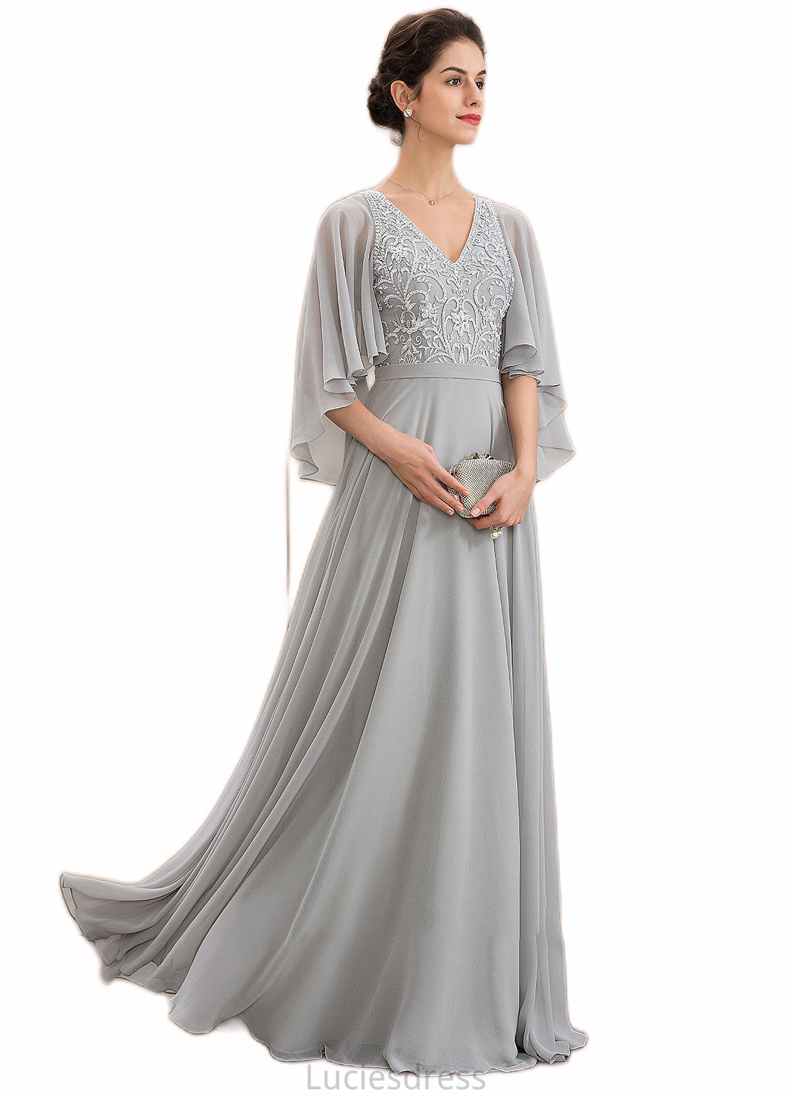 Patience A-line V-Neck Floor-Length Chiffon Lace Mother of the Bride Dress With Beading Sequins HF126P0014563