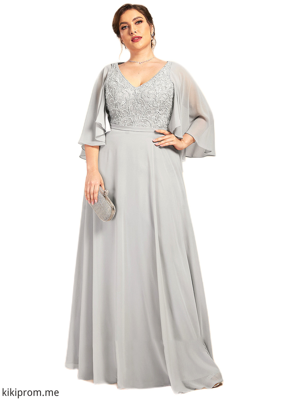 Raina A-line V-Neck Floor-Length Chiffon Lace Mother of the Bride Dress With Beading Sequins STF126P0014563