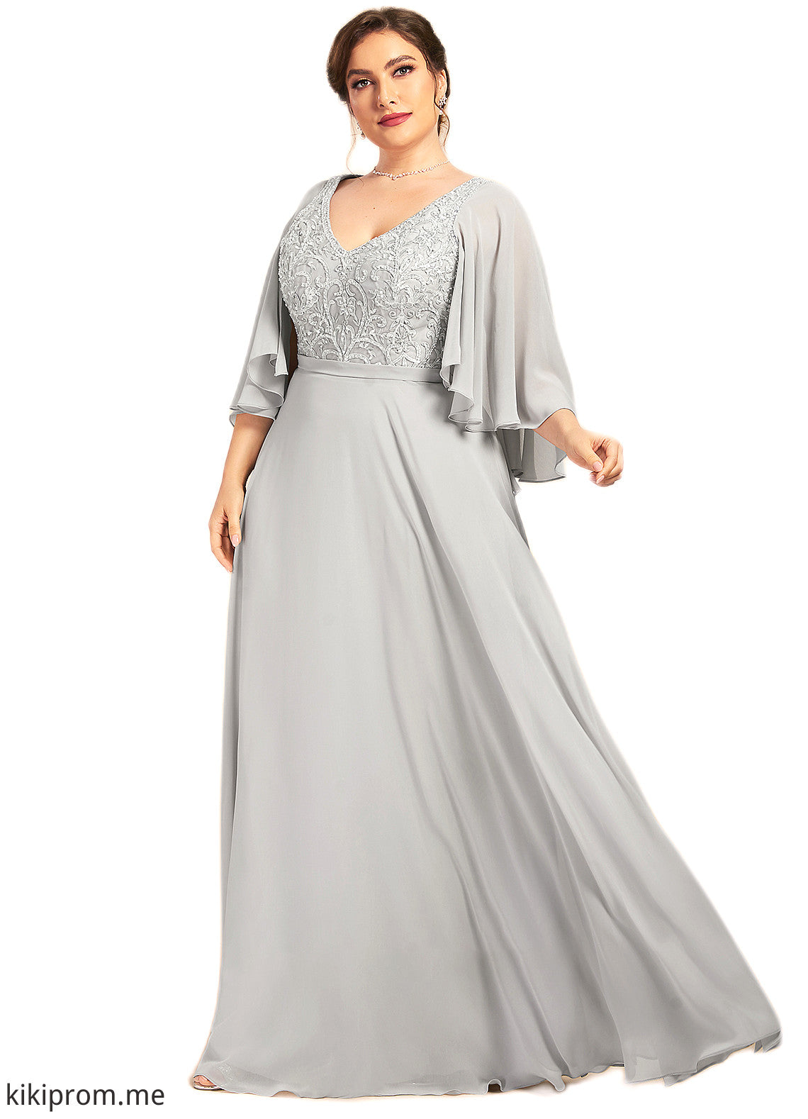 Raina A-line V-Neck Floor-Length Chiffon Lace Mother of the Bride Dress With Beading Sequins STF126P0014563