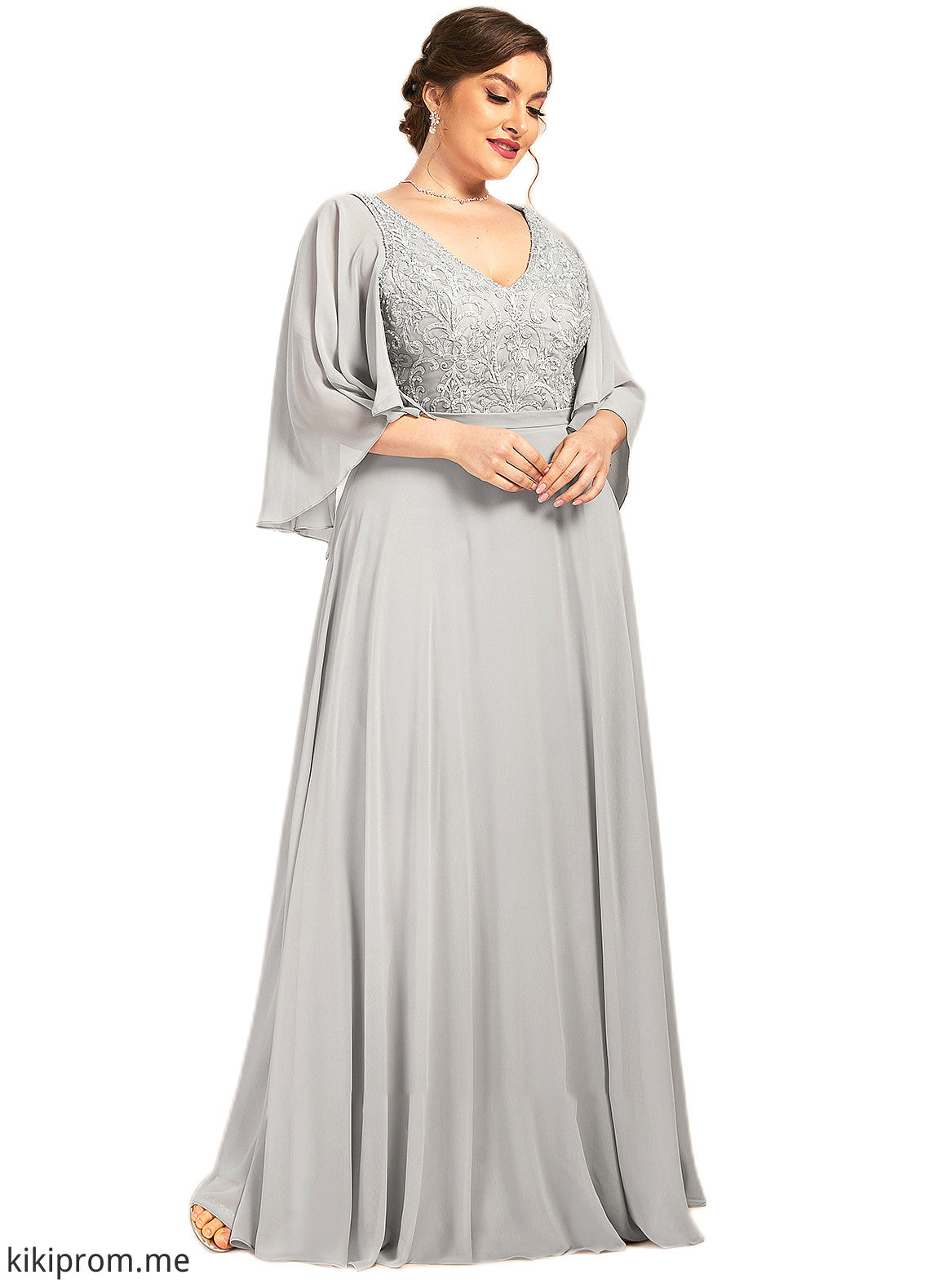 Raina A-line V-Neck Floor-Length Chiffon Lace Mother of the Bride Dress With Beading Sequins STF126P0014563