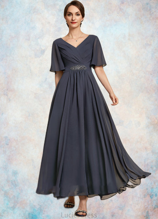 Clara A-Line V-neck Ankle-Length Chiffon Mother of the Bride Dress With Ruffle Beading Sequins HF126P0014564