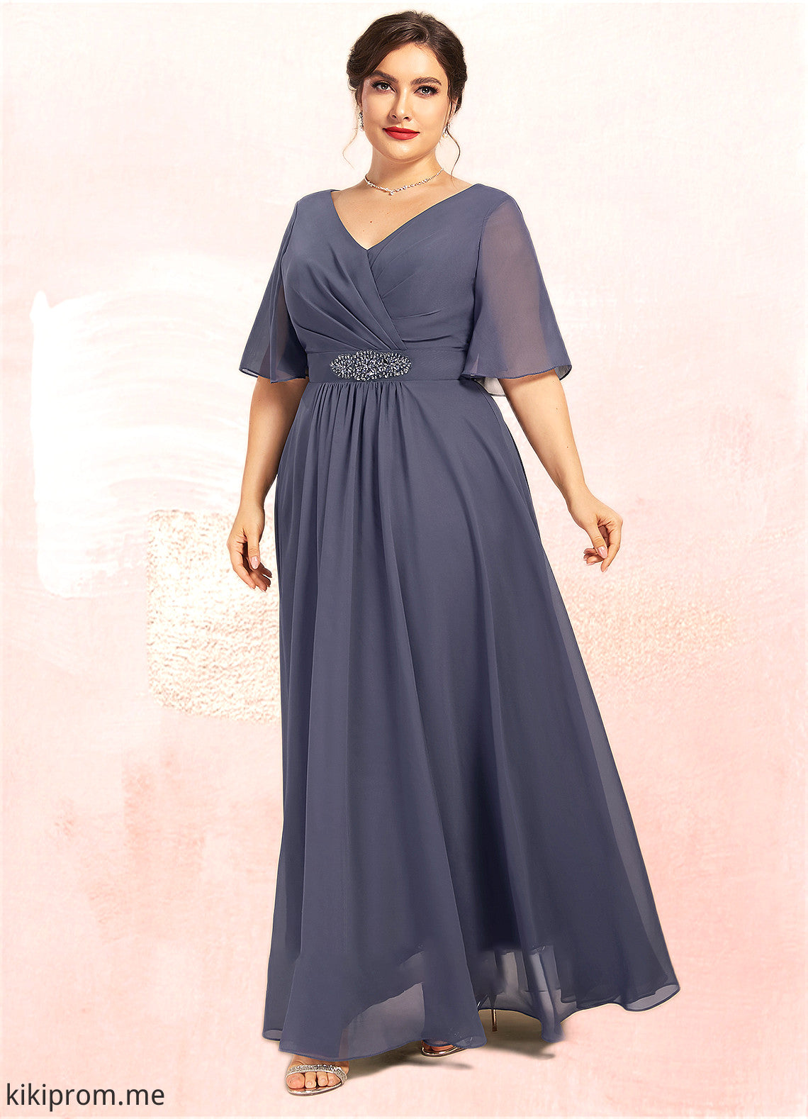 Arianna A-Line V-neck Ankle-Length Chiffon Mother of the Bride Dress With Ruffle Beading Sequins STF126P0014564