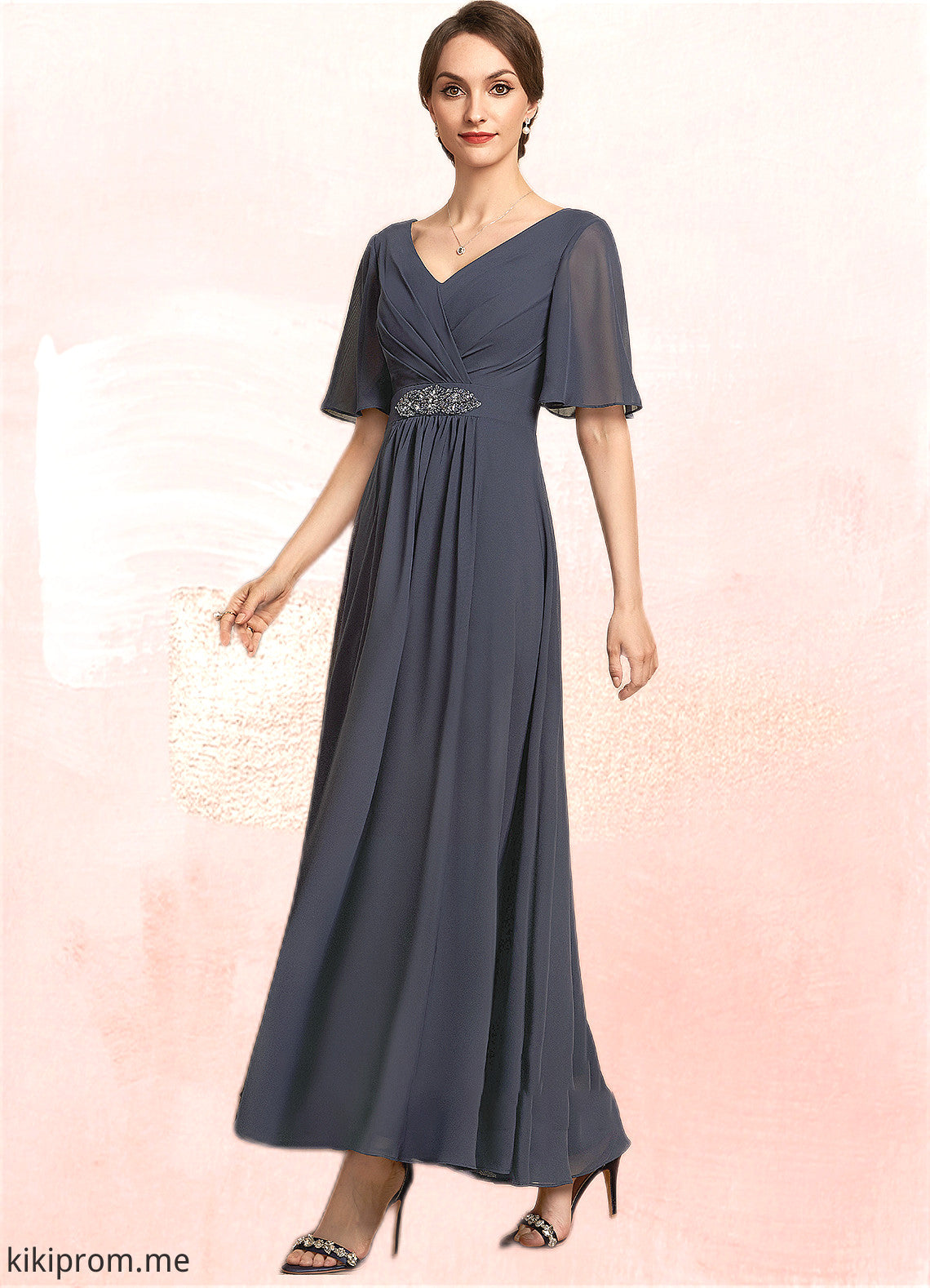 Arianna A-Line V-neck Ankle-Length Chiffon Mother of the Bride Dress With Ruffle Beading Sequins STF126P0014564