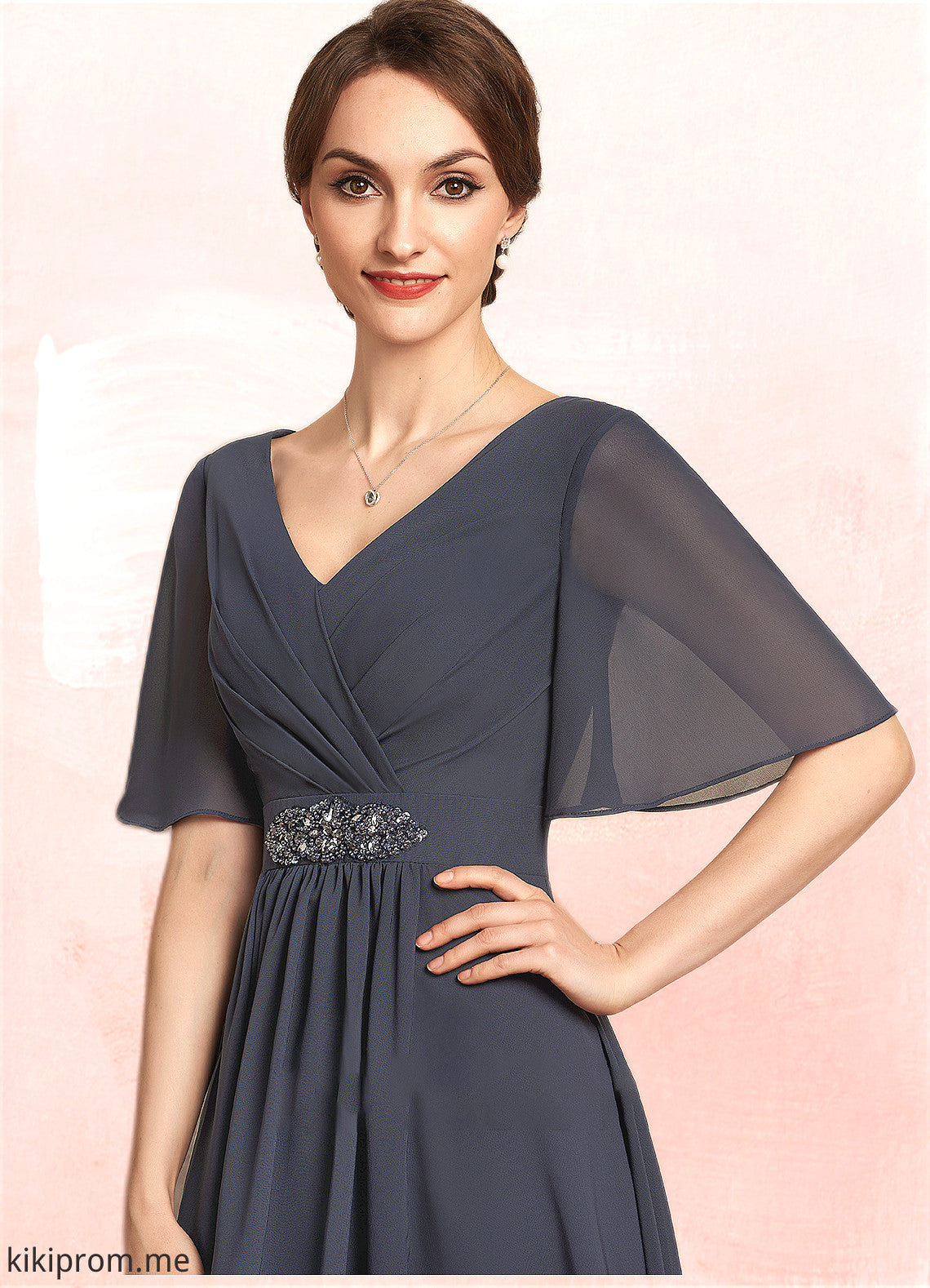 Arianna A-Line V-neck Ankle-Length Chiffon Mother of the Bride Dress With Ruffle Beading Sequins STF126P0014564