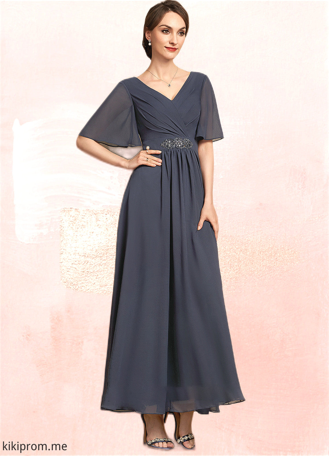 Arianna A-Line V-neck Ankle-Length Chiffon Mother of the Bride Dress With Ruffle Beading Sequins STF126P0014564