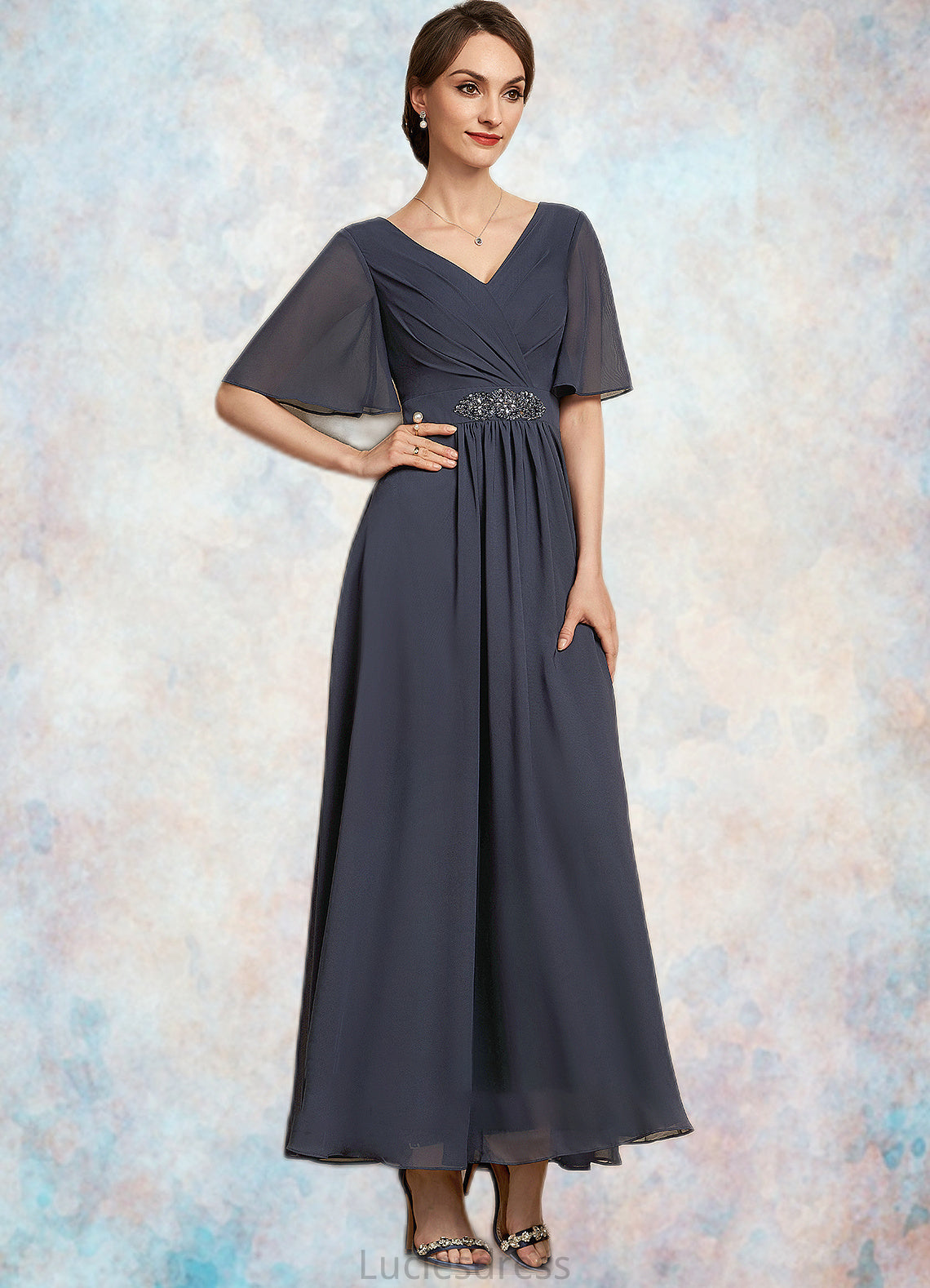 Clara A-Line V-neck Ankle-Length Chiffon Mother of the Bride Dress With Ruffle Beading Sequins HF126P0014564